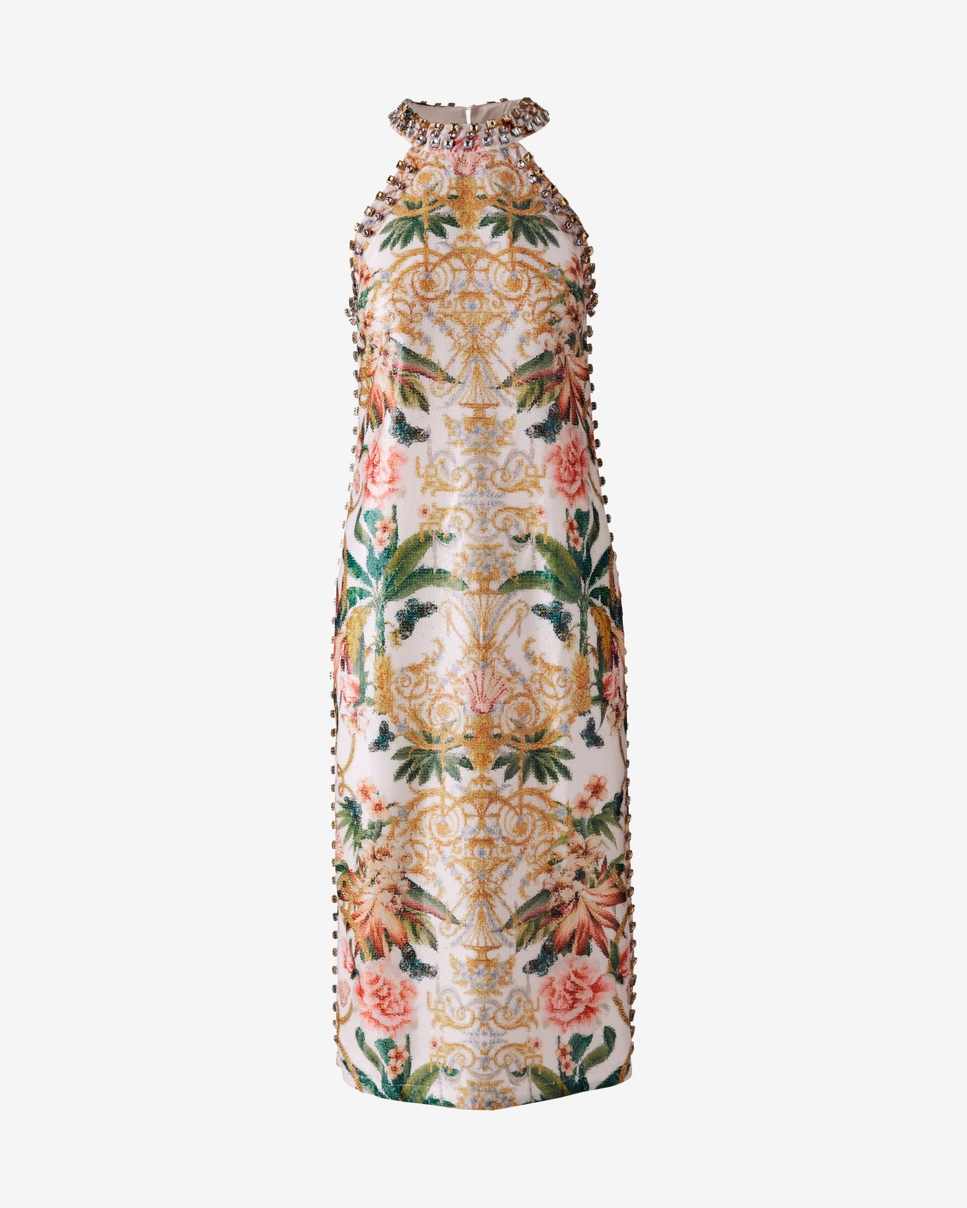 High Neck Printed Gem & Sequin Sheath Dress Vacation at the Lotus