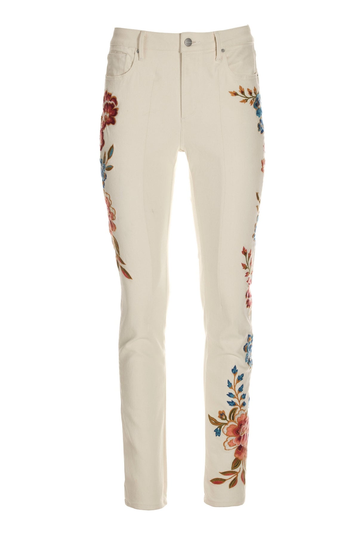Embroidered Floral Slim Straight Jean Off White Multi