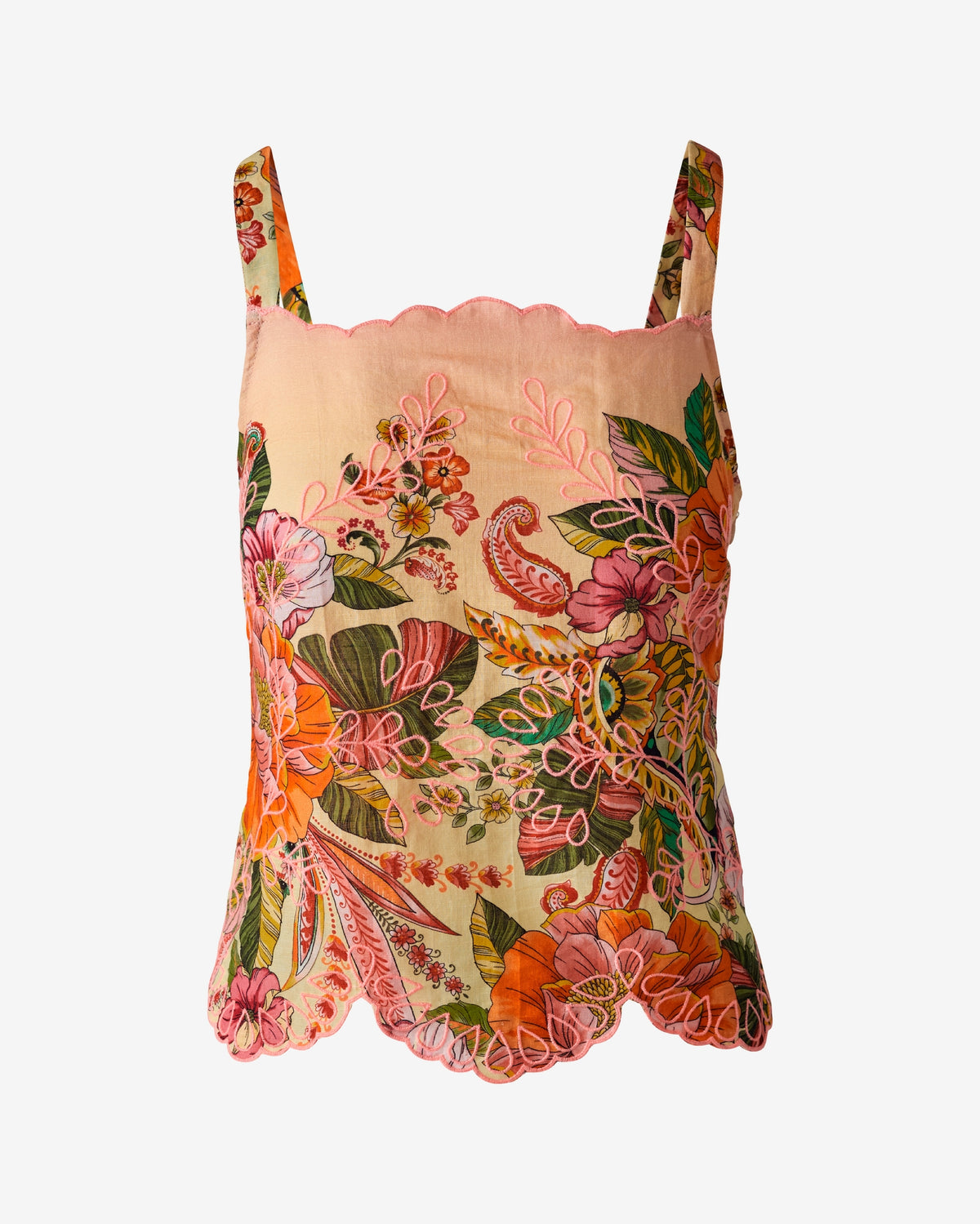 Printed Embroidered Linen Scallop Hem Cami Paisley Blooms
