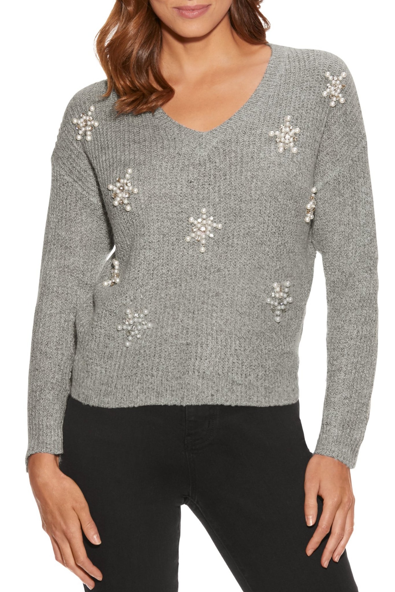 Snowflake Embellished V Neck Sweater Gray