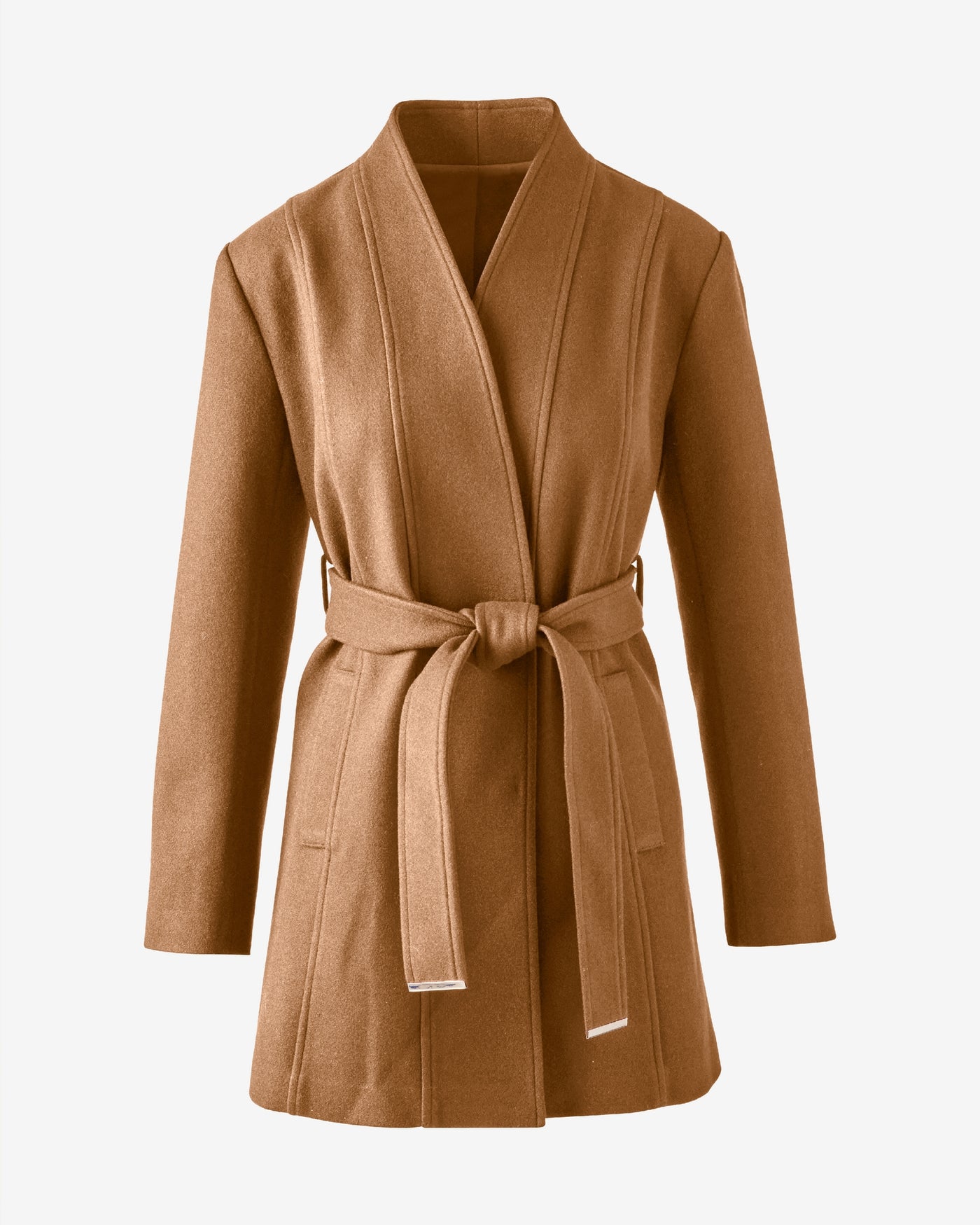Collarless Self Tie Coat Tobacco Brown