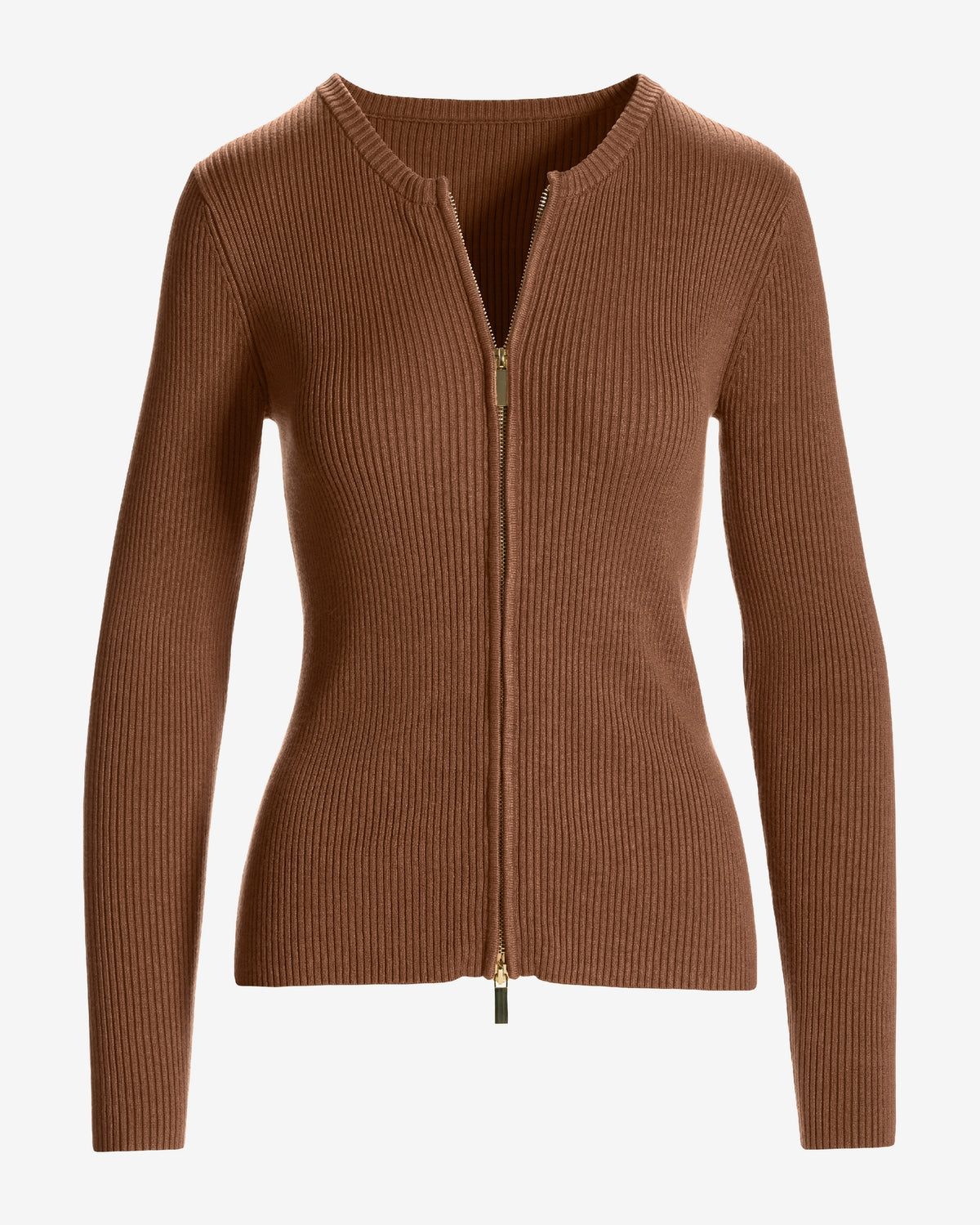 Ribbed Collarless Full Zip Cardigan Toffee