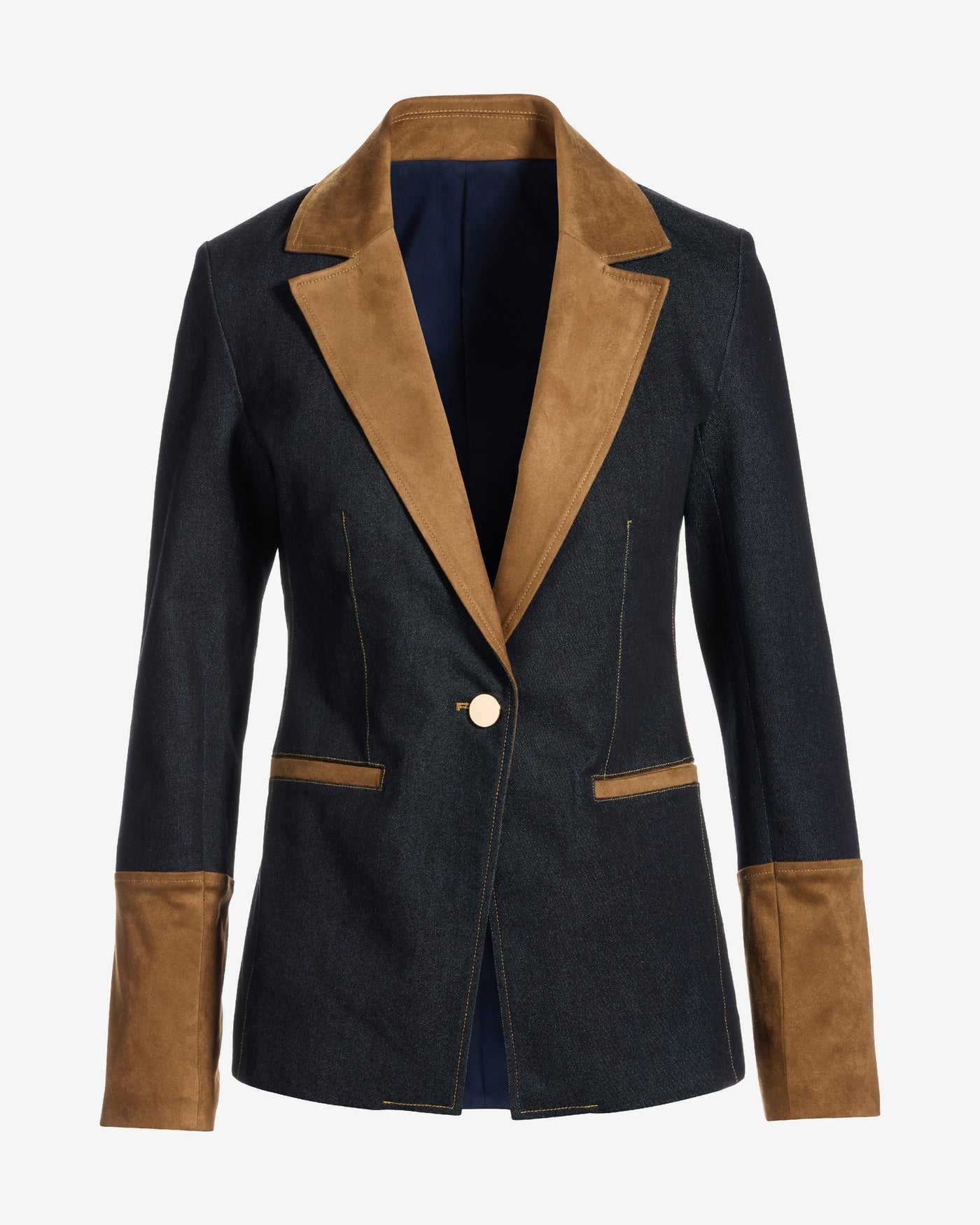 Faux Suede Trim Denim Single Button Blazer Rinse