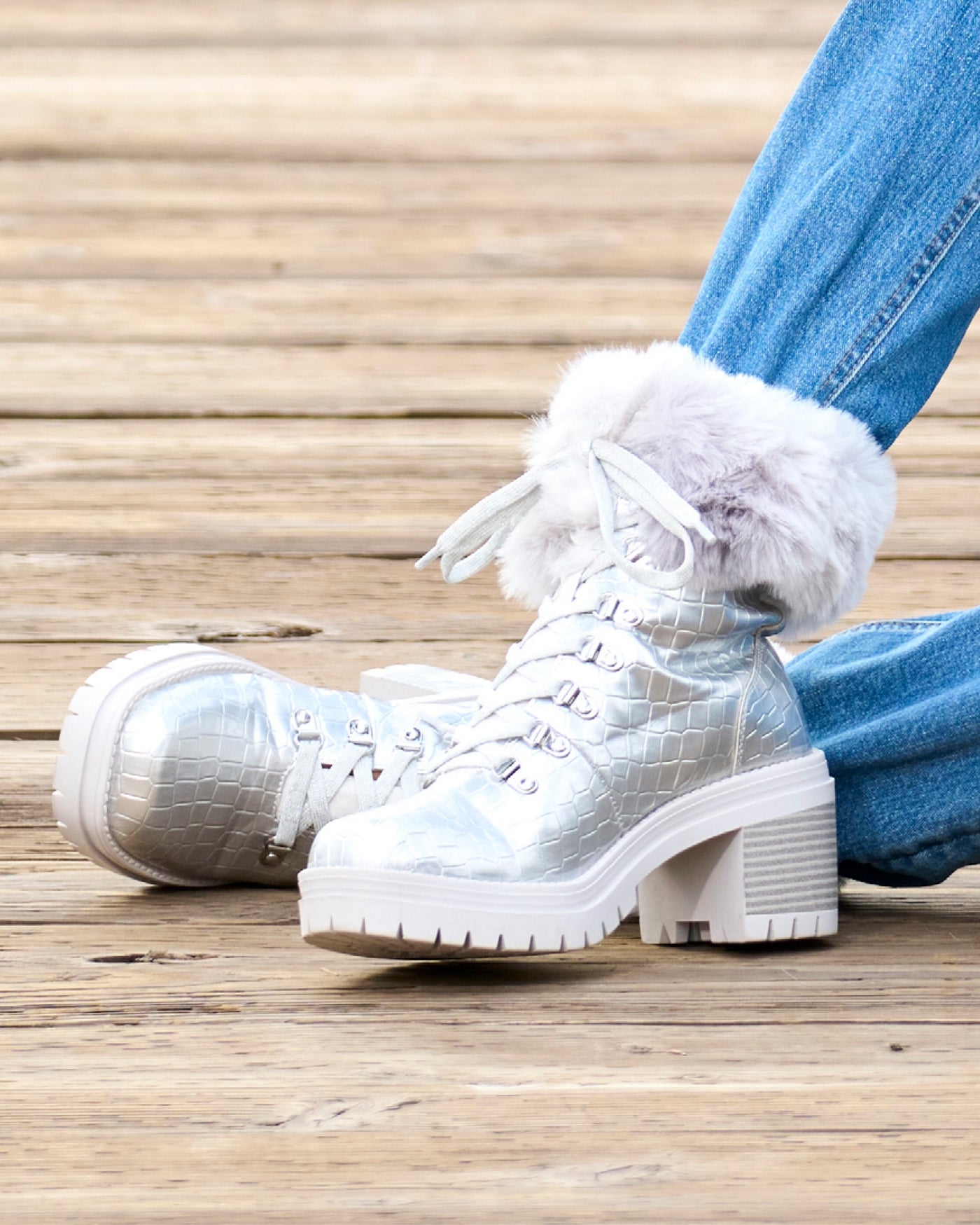 Croco Fur Lace Up Bootie Silver