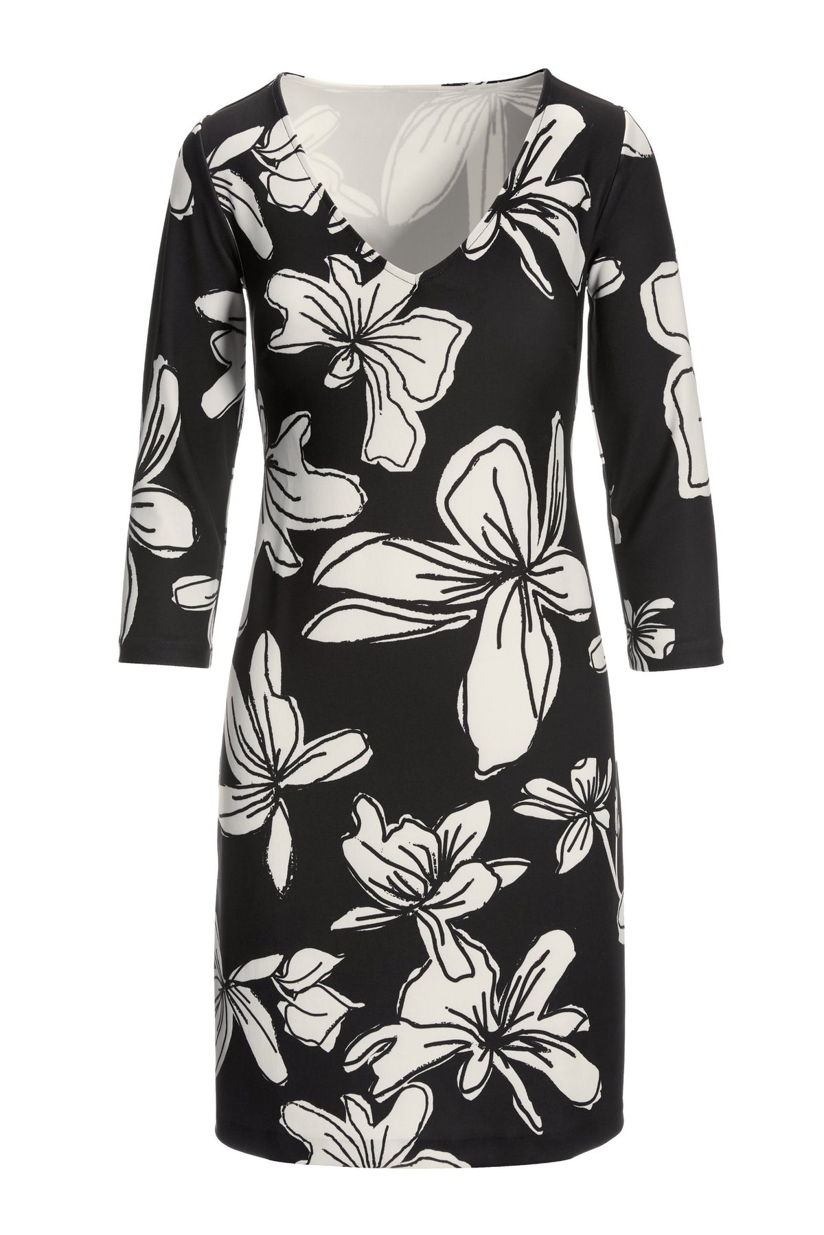Beyond Travel Hibiscus Floral V-Neck Dress Jet Black Ivory Coast
