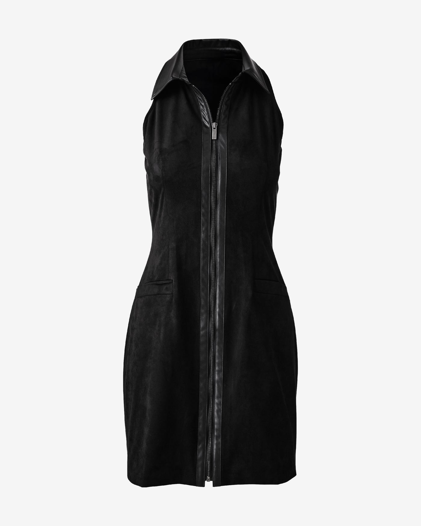 Mixed Media Faux Suede Collared Zip Up Dress Proper Black