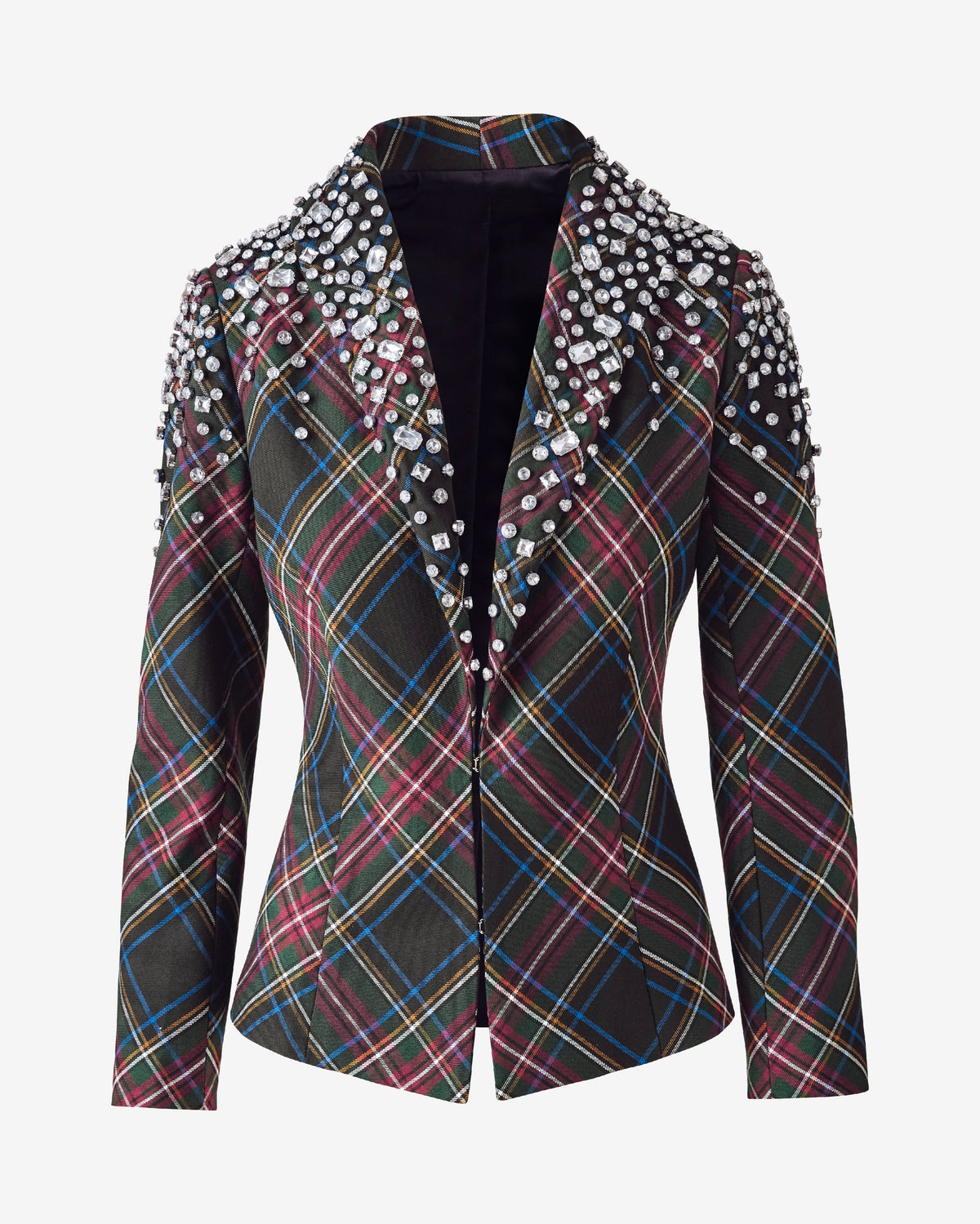 Rhinestone Embellished Holiday Plaid Shawl Collar Blazer Black Multi