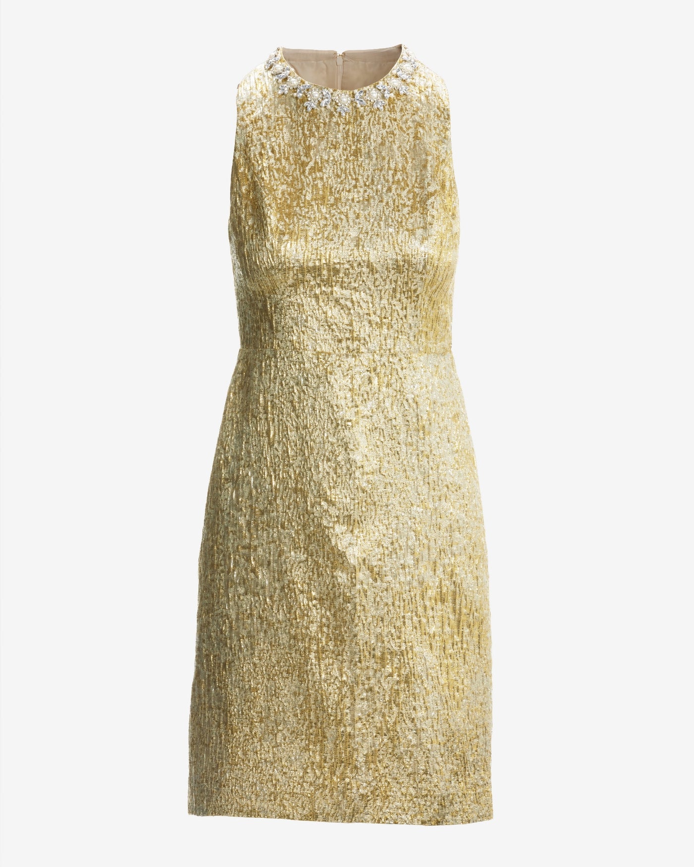 Pearl Embellished Metallic Jacquard Sheath Dress Gold