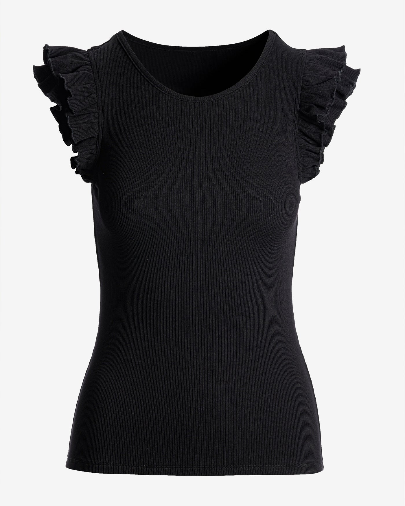 So Essential Rib Ruffle Shoulder Tank Proper Black