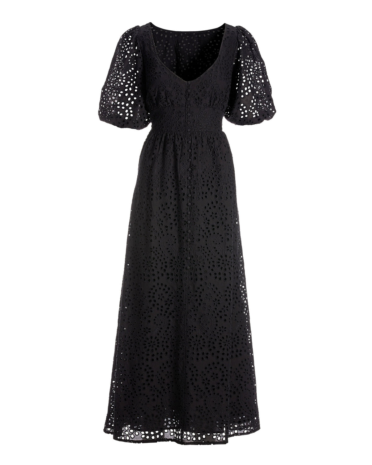 Eyelet Covered-Button Maxi Dress Black