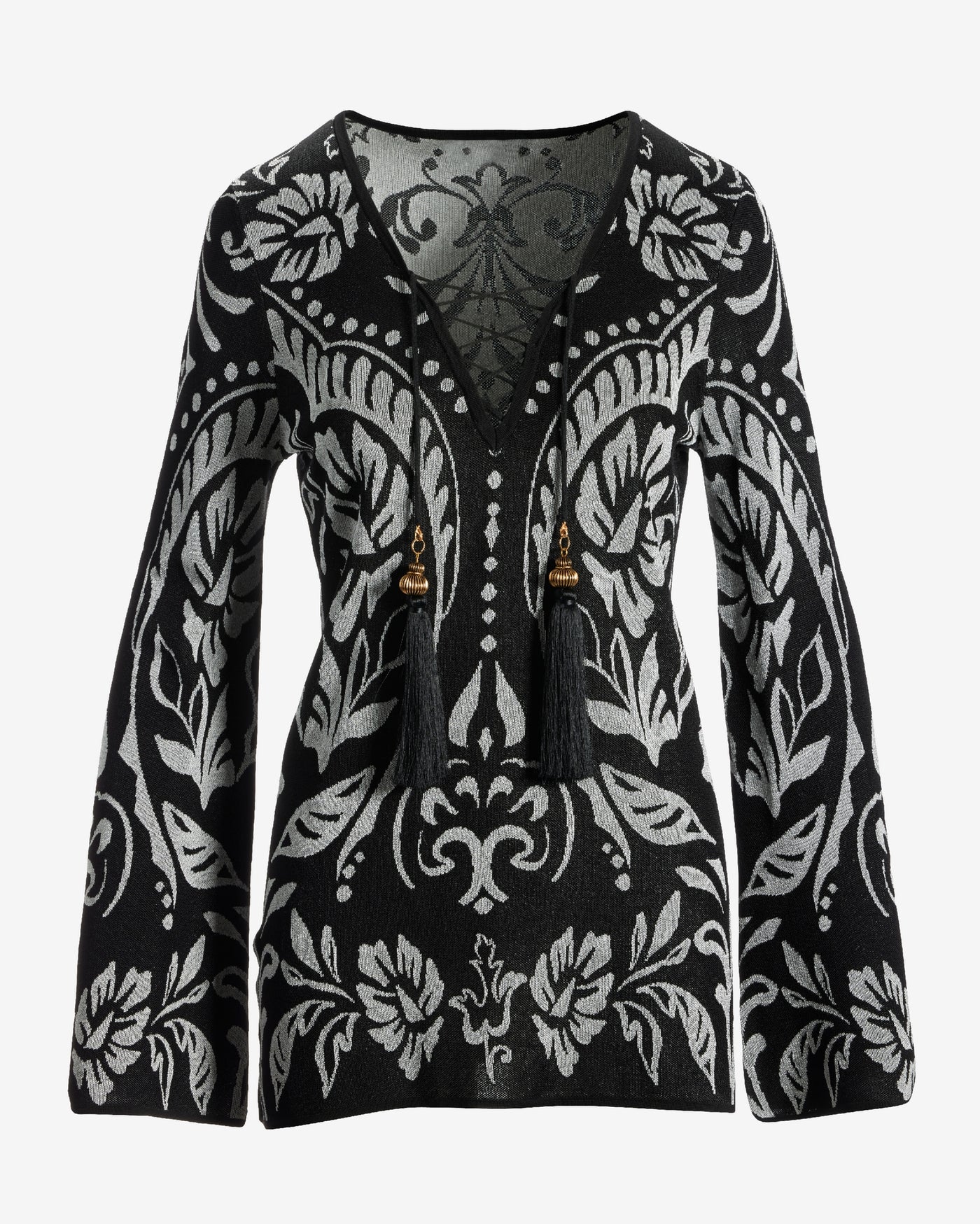 Abstract Lace Up Tunic Sweater Black/White