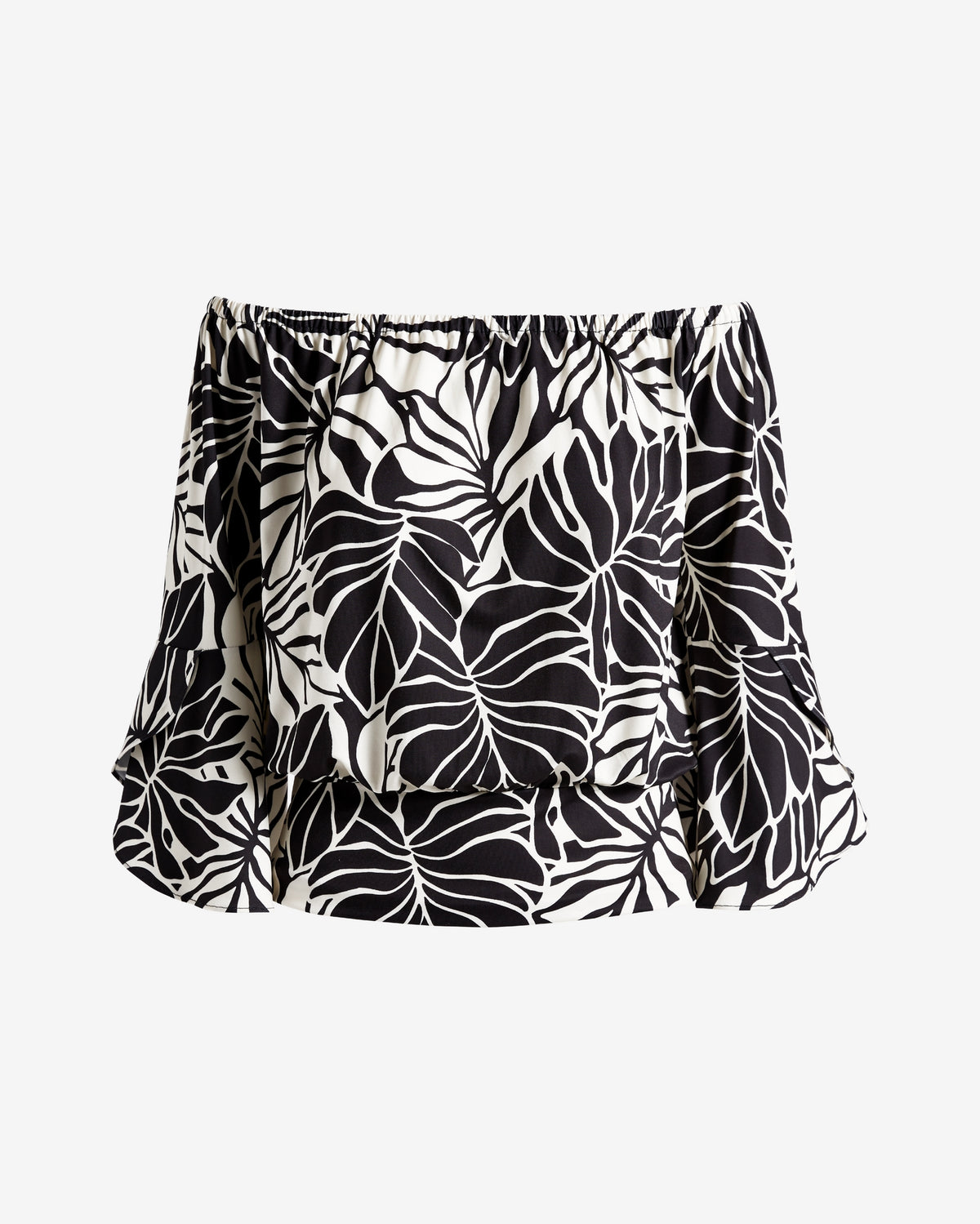 Printed Off the Shoulder Ruffled Sleeve Blouson Contrast Leaves