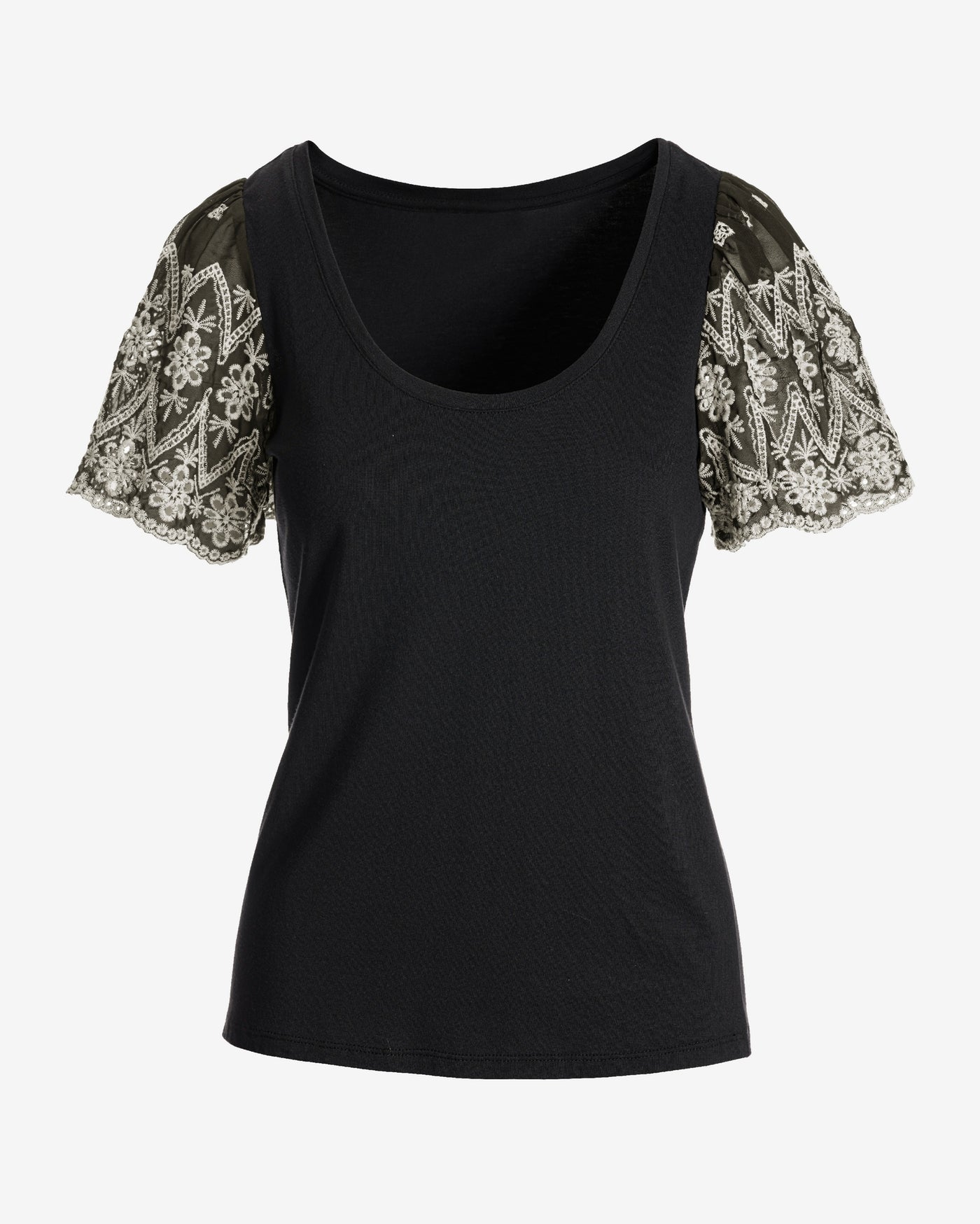 Two Tone Eyelet Sleeve Tee Black