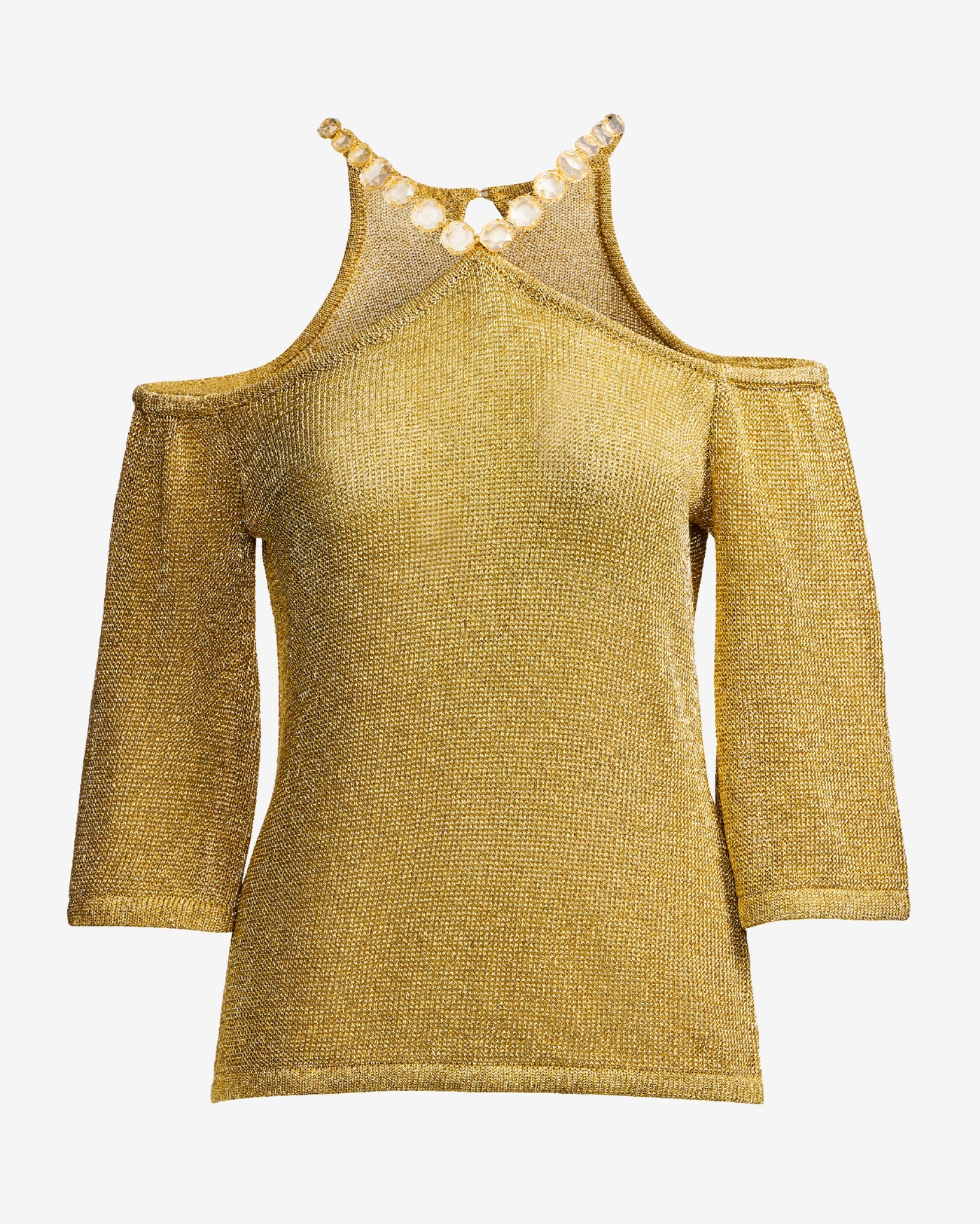 Metallic Cold Shoulder Embellished Sweater Gold