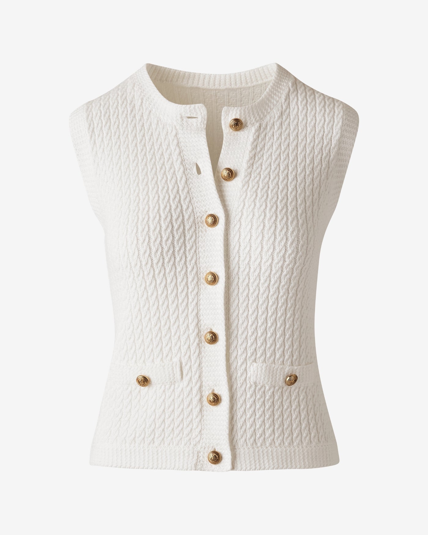 Sleeveless Textured Knit Button Front Sweater Off White