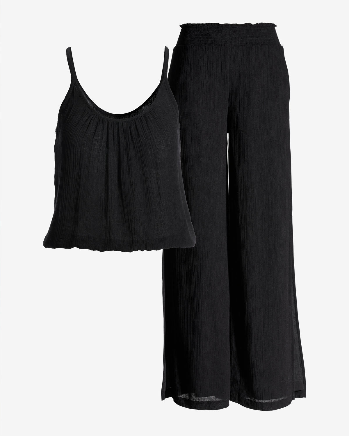 Gauze Blouson Top and Wide Leg Lounge Set Proper Black