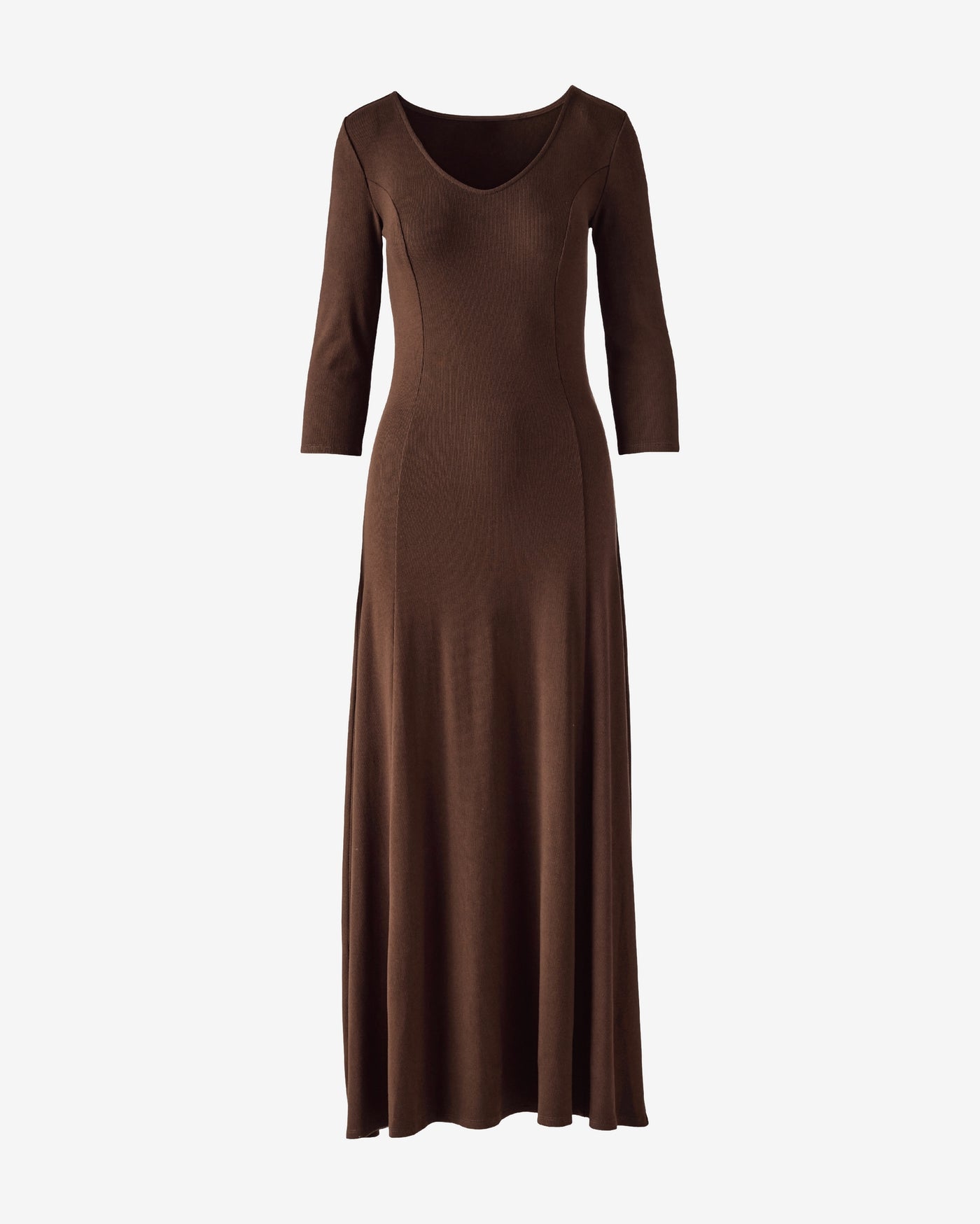 Ribbed Three Quarter Sleeve V Neck Maxi Dress Brown