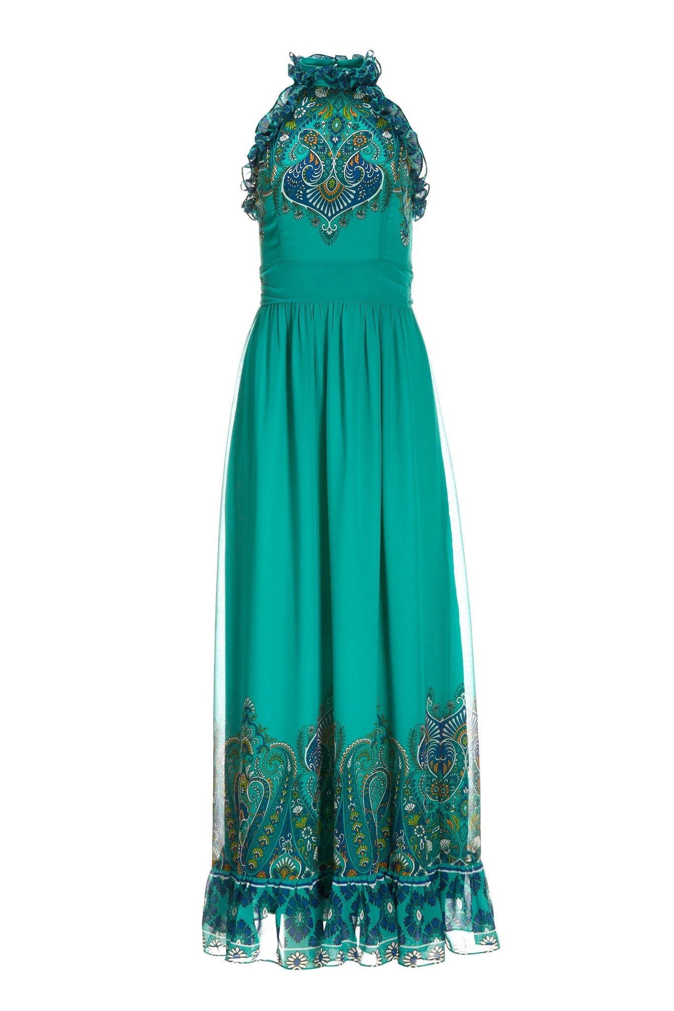 Paisley Print Ruffle High Neck Maxi Dress Blue Multi