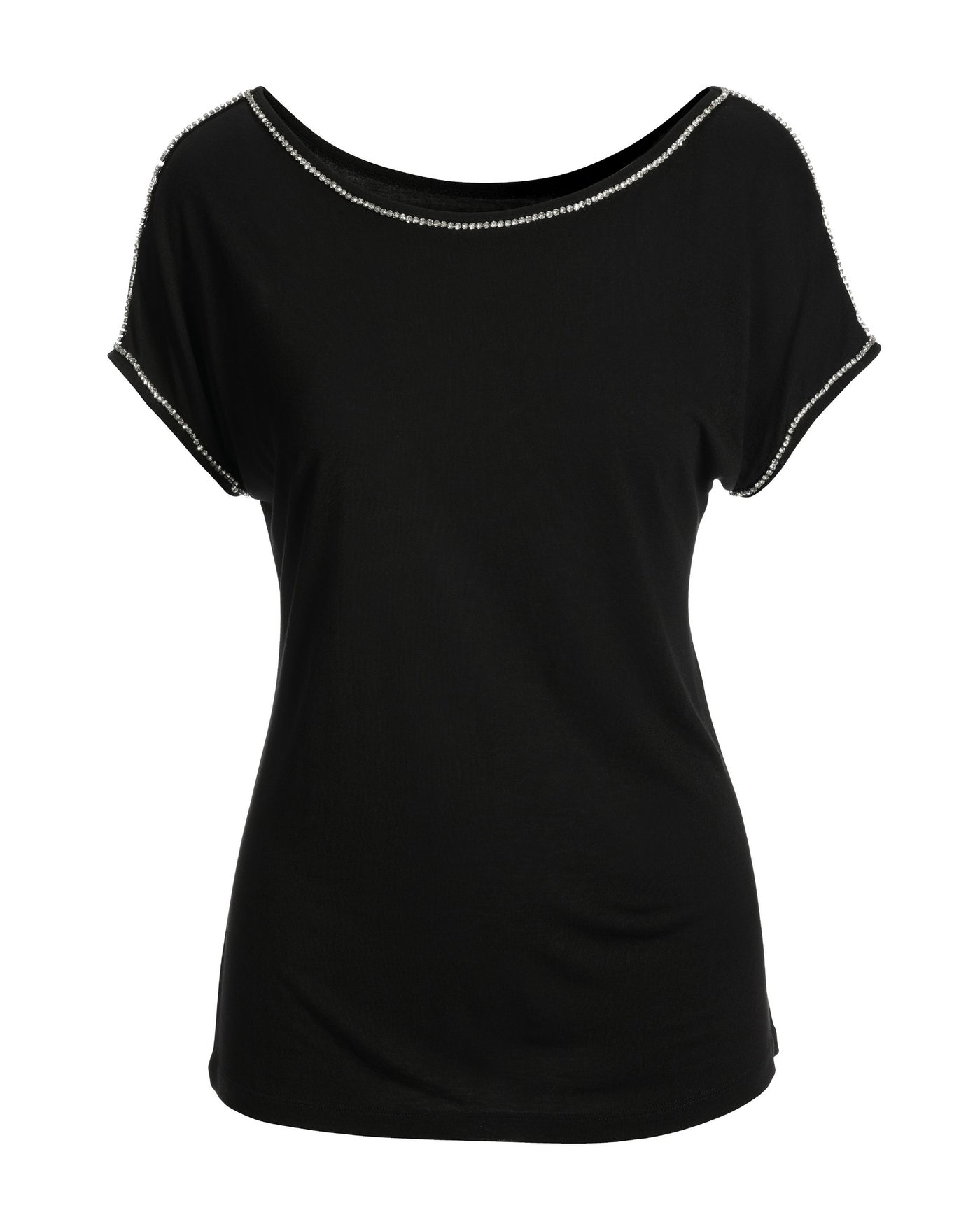 Rhinestone Trim Short-Sleeve Knit Tee Black