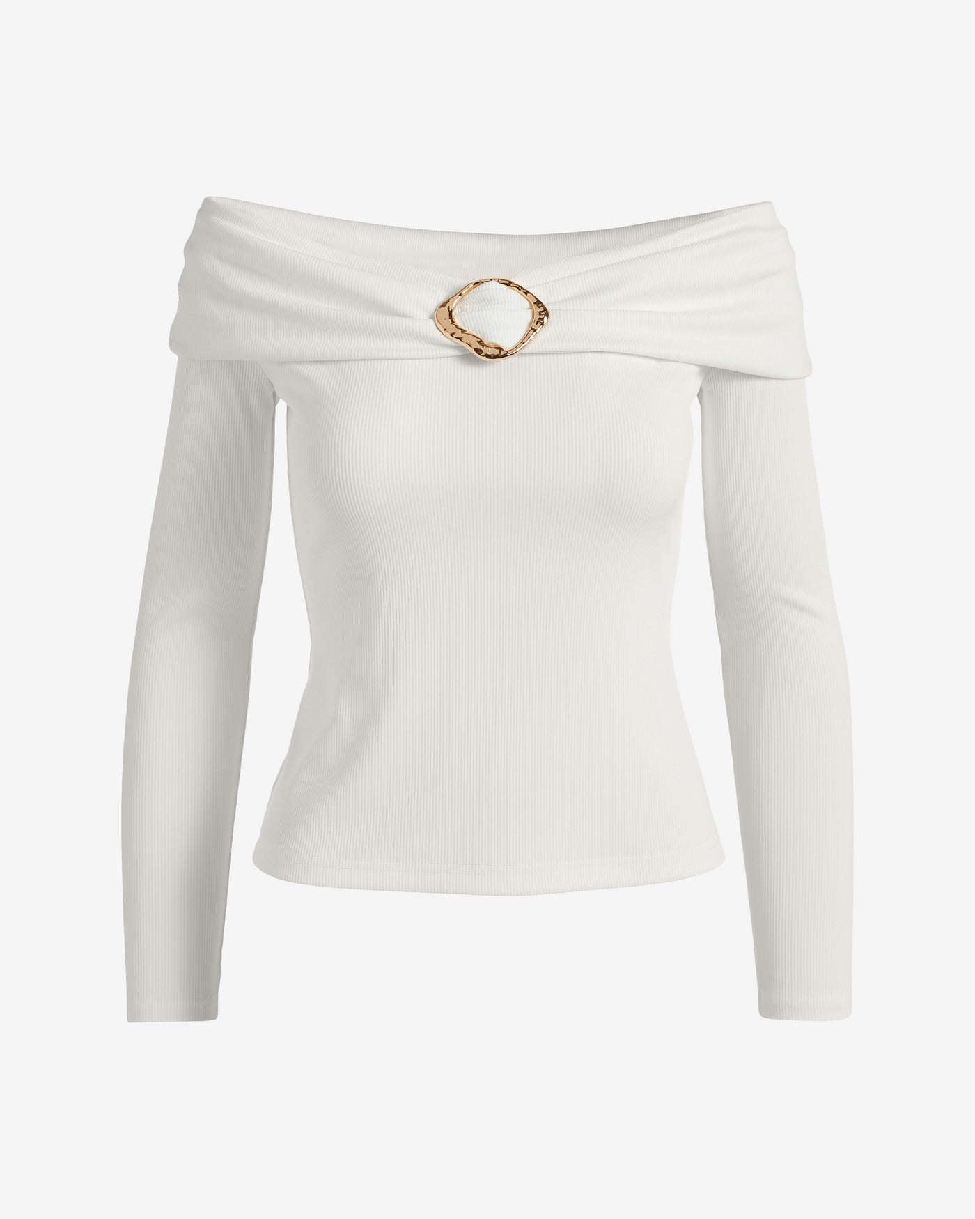 Off The Shoulder Ribbed Hardware Knit Top Off White