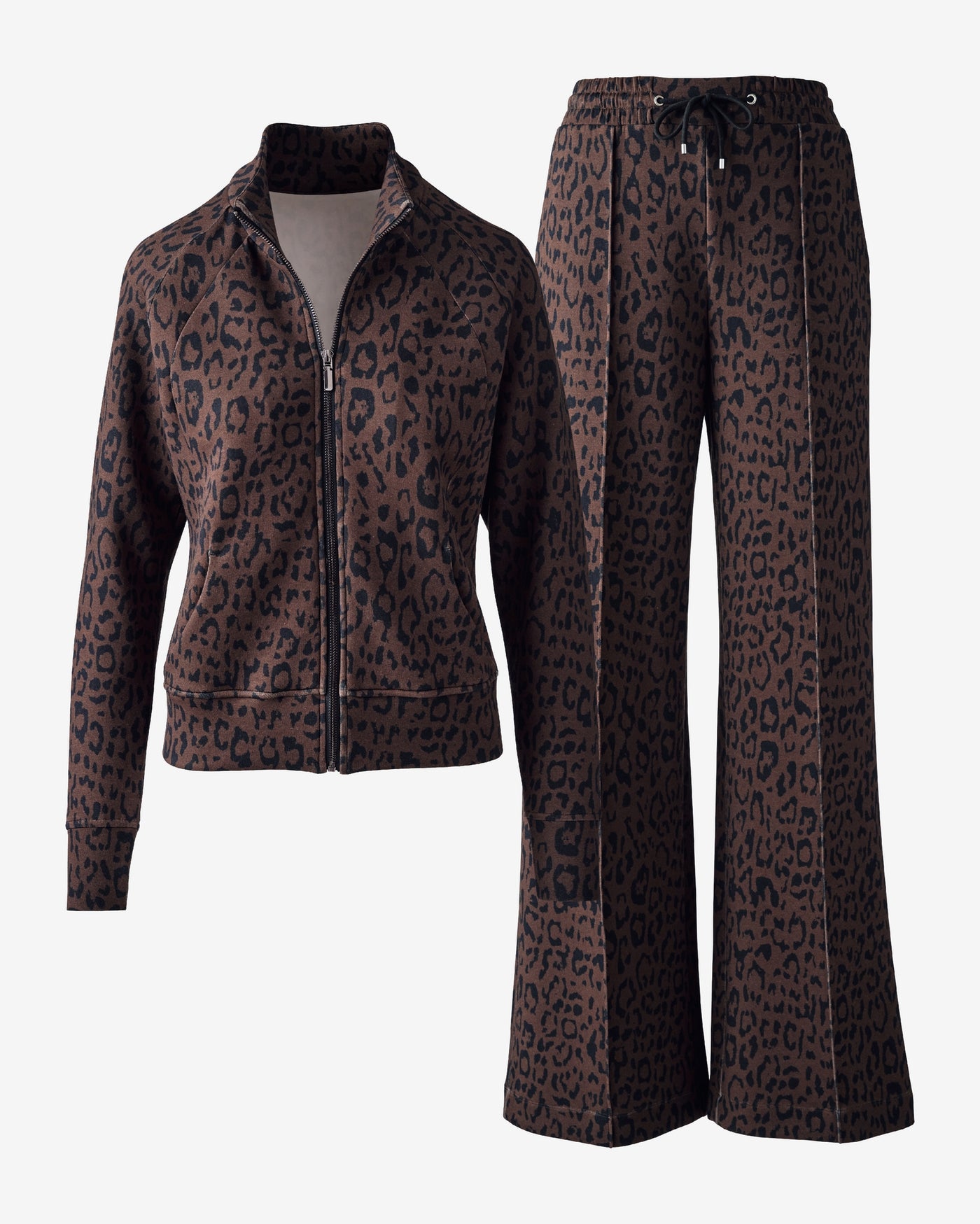 Printed Luxe Lounge Zip Front Seam Detail Jacket and Wide Leg Pintuck Pant Set On The Run Cheetah