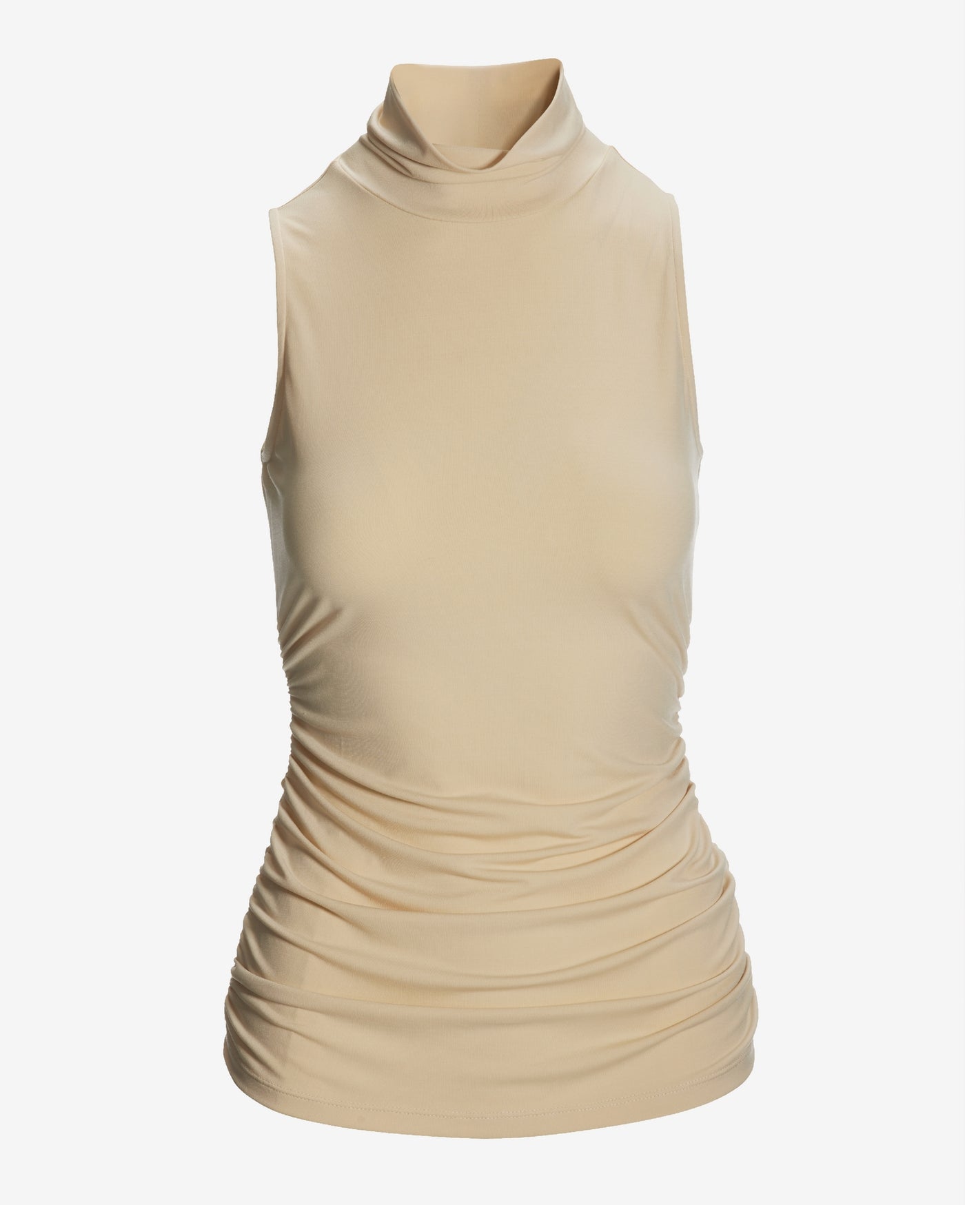 So Chic Sleeveless Ruched Turtleneck Knit Top Pearl