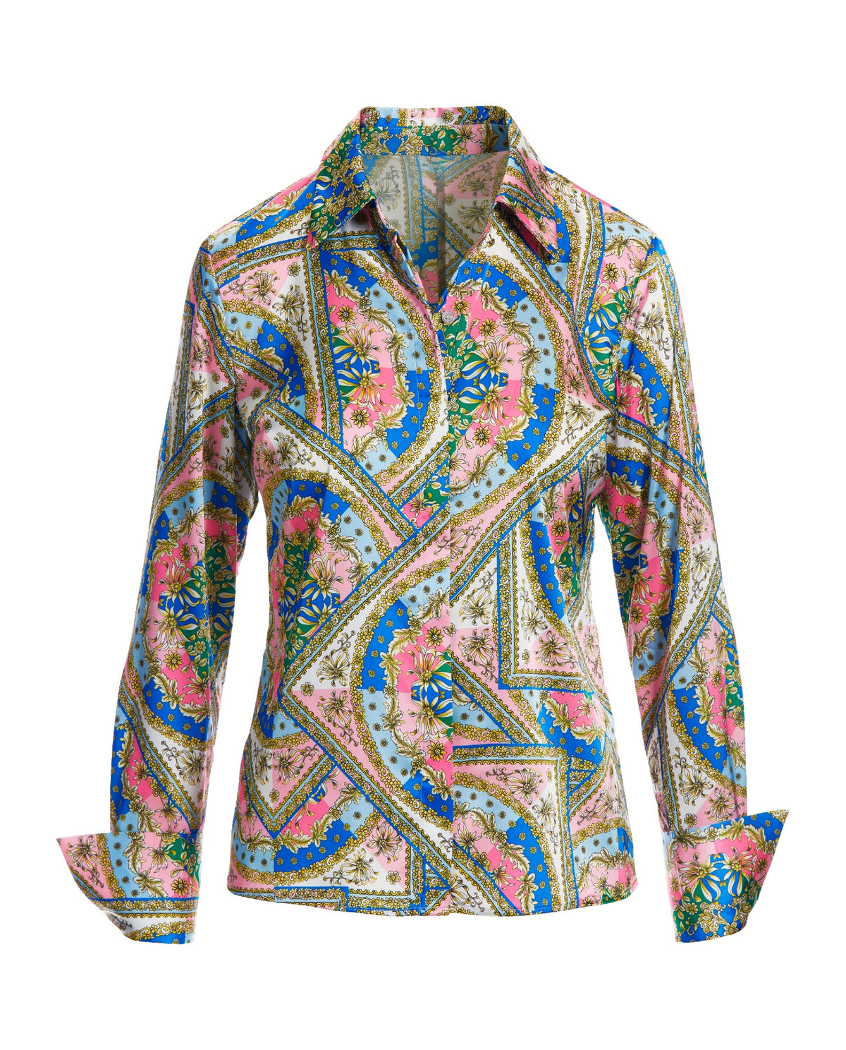 Baroque Scroll-Print Sophia Button-Up Charmeuse Blouse Pink Icing Multi