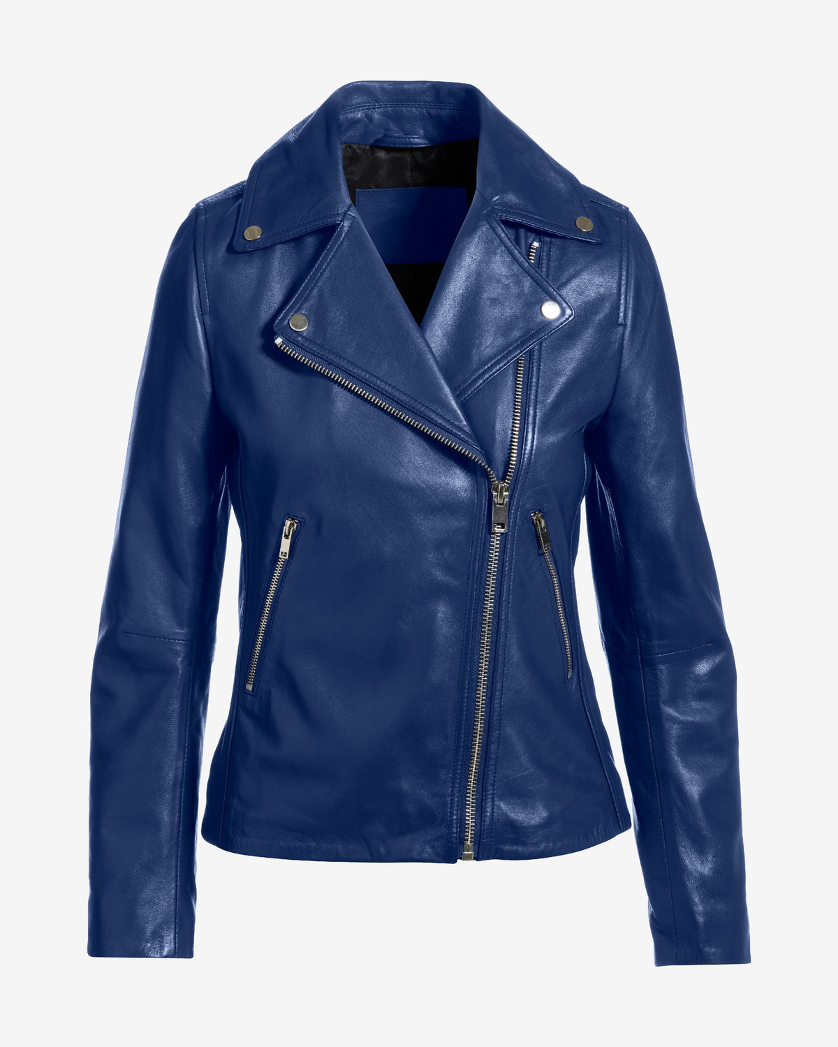 Genuine Leather Zip Detail Moto Jacket Navy