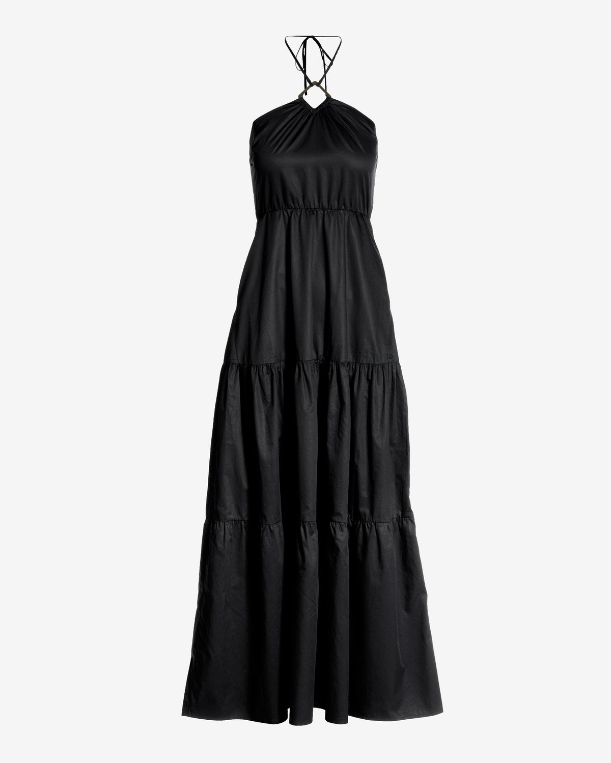 Hardware Halter Tiered Poplin Maxi Dress Black