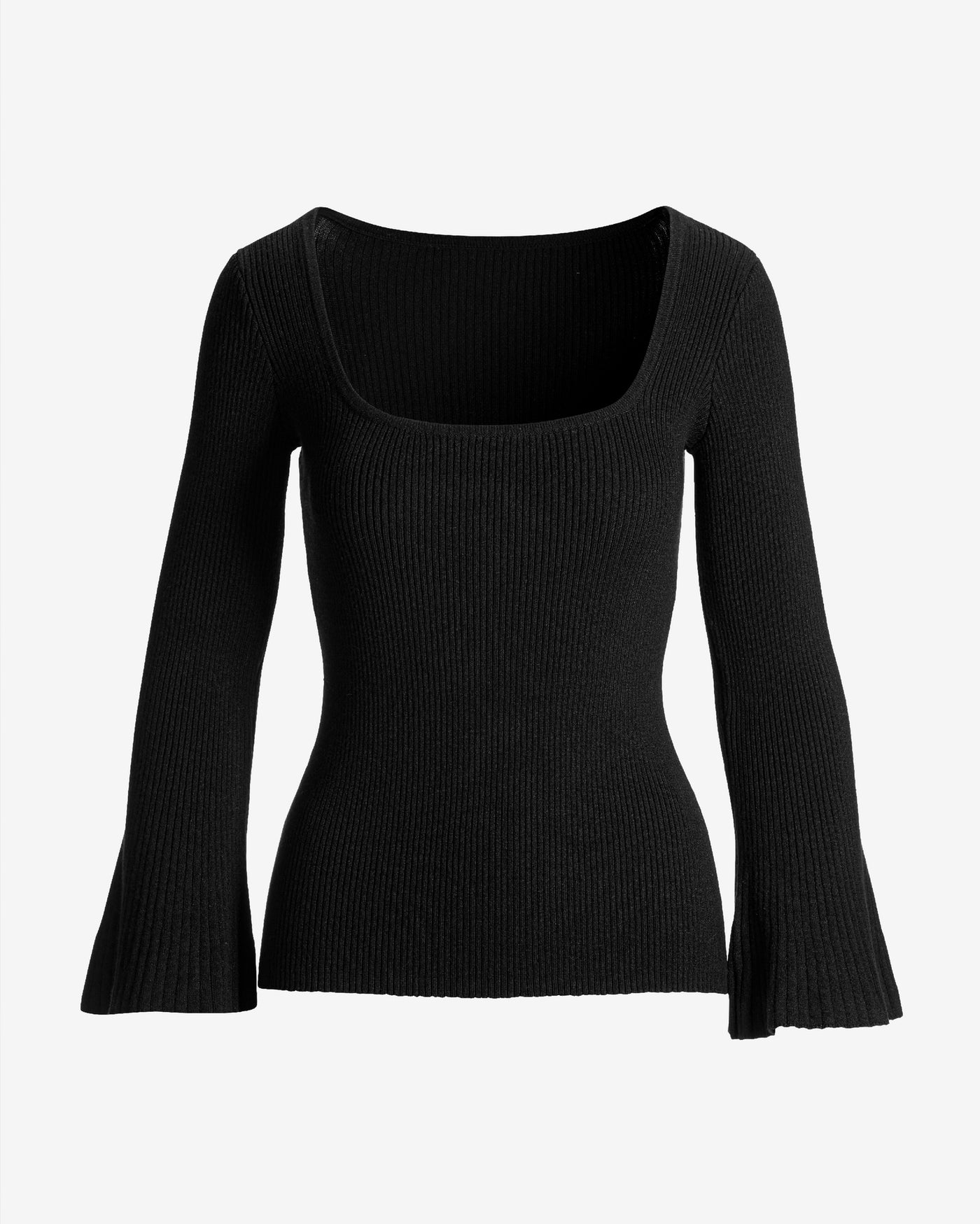 Ribbed Square Neck Flare Sleeve Black