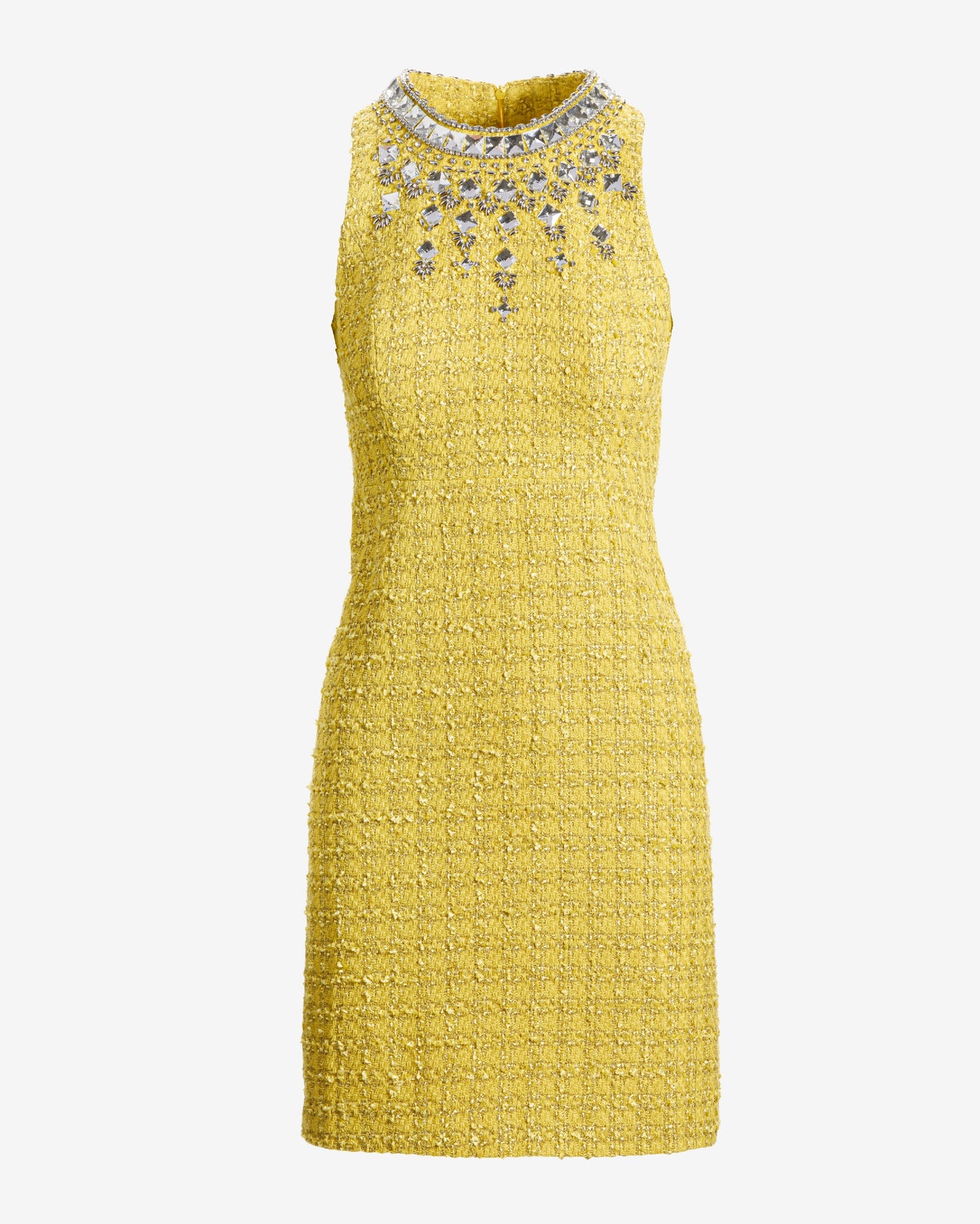 Crystal Embellished High Neck Tweed Sheath Dress Yellow