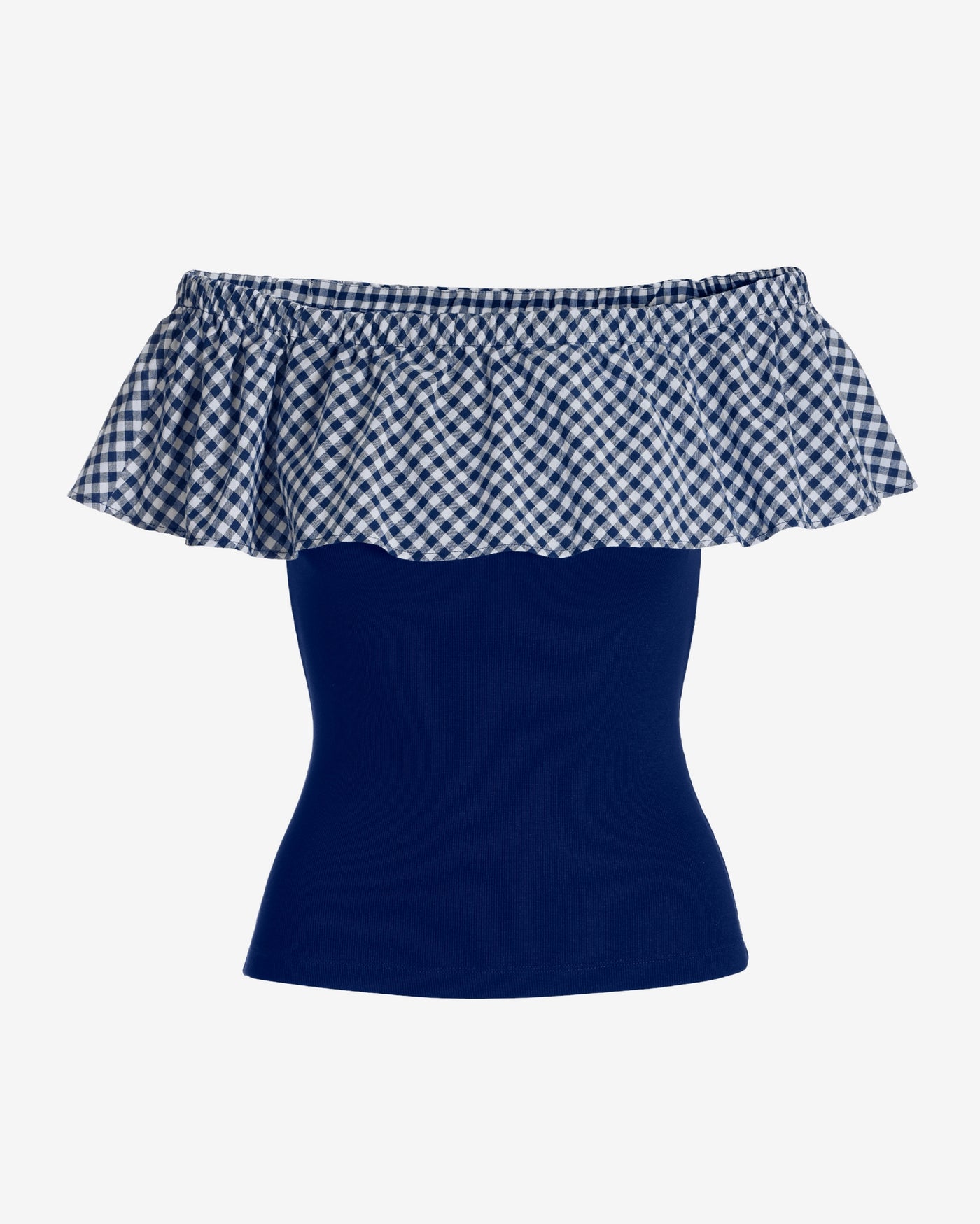 Gingham Off The Shoulder Knit Top Navy