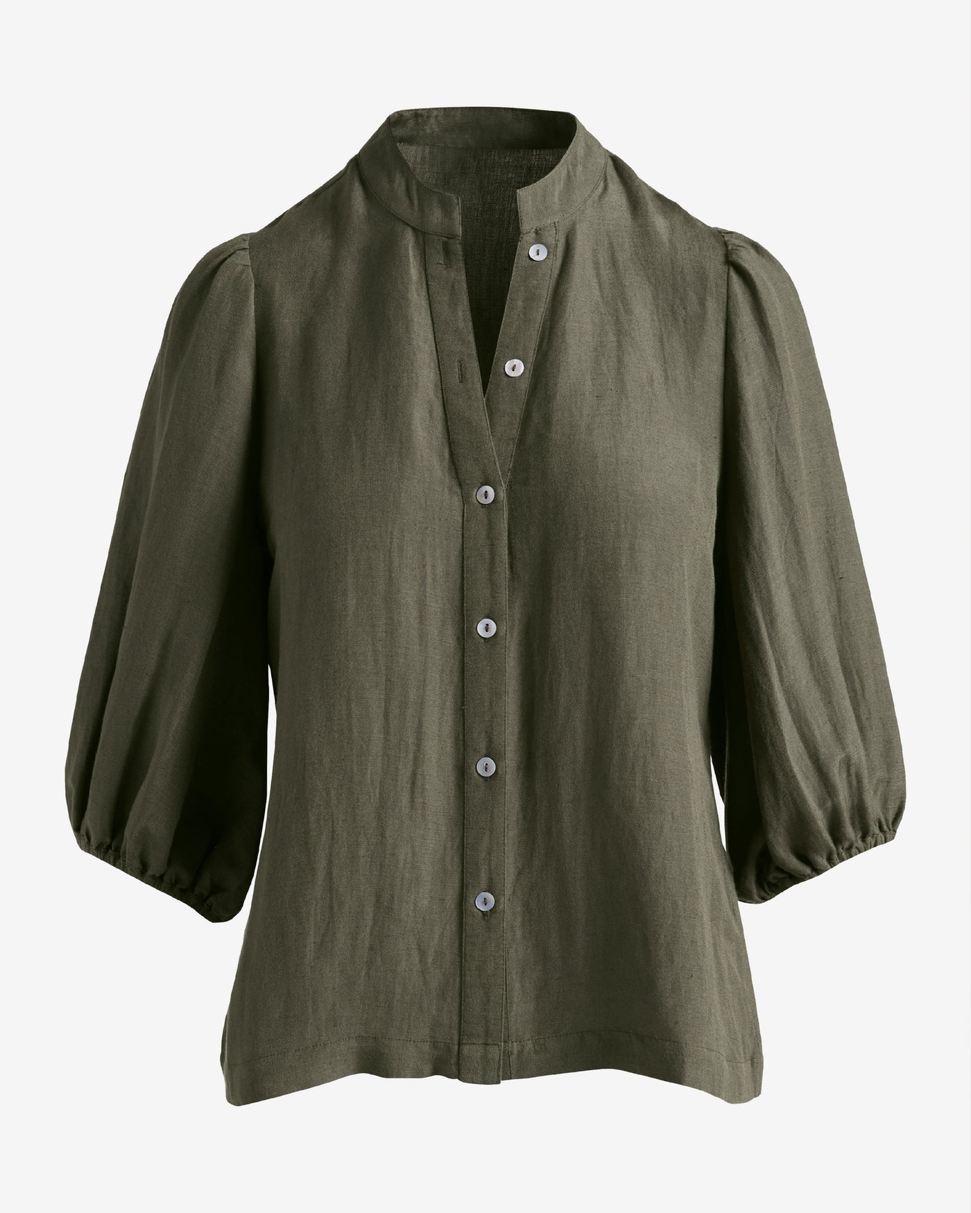 Linen Puff Sleeve Button Up Blouse Olive Night