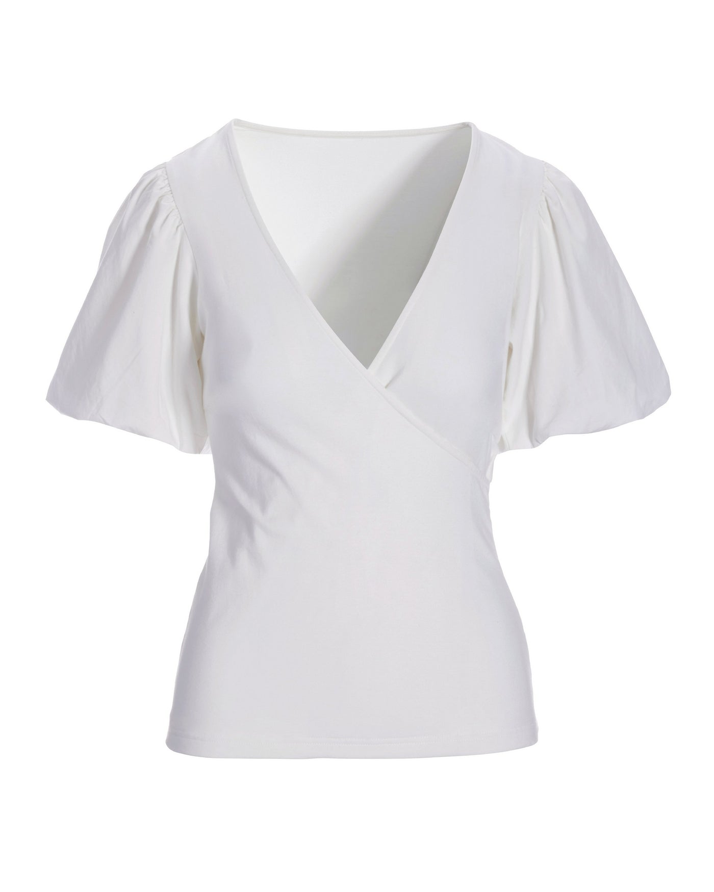 Poplin Puff-Sleeve Surplice Knit Top White