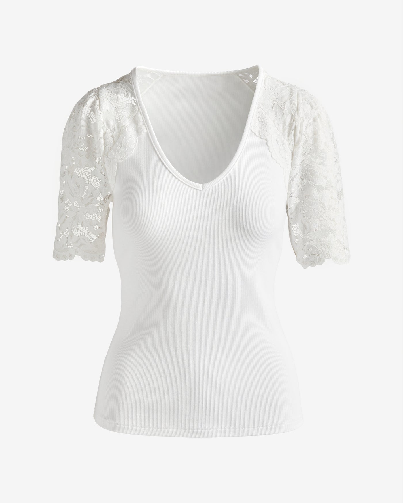 Lace Sleeve V Neck Rib Tee Pure White