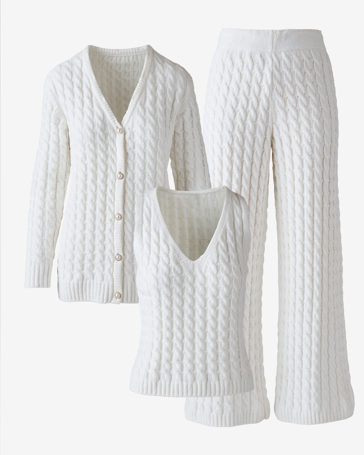 Cable Three Piece Set with Fur Trim White