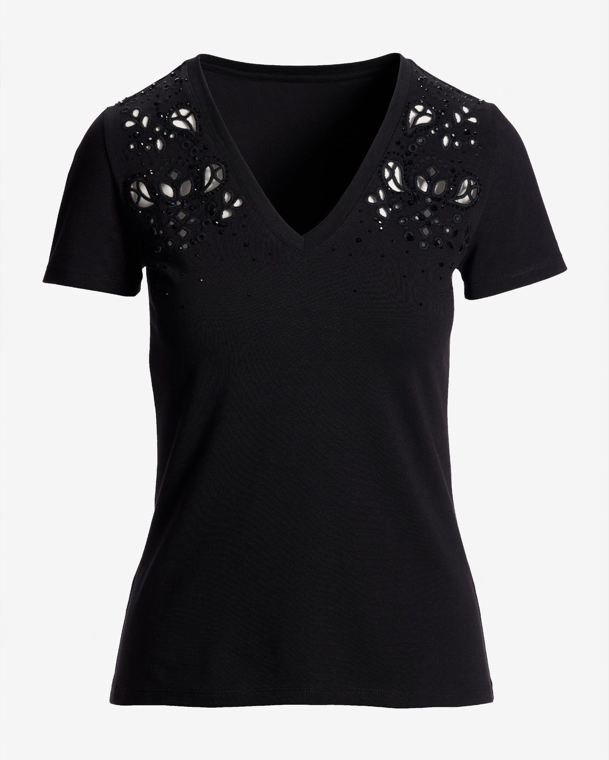 Rhinestone Eyelet V Neck Tee Proper Black