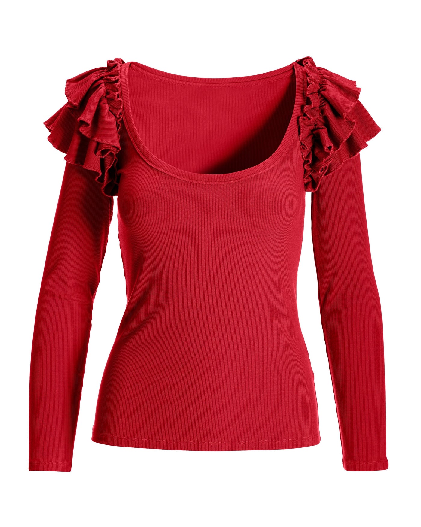 So Essential Ruffle Ribbed Long Sleeve Top Racing Red