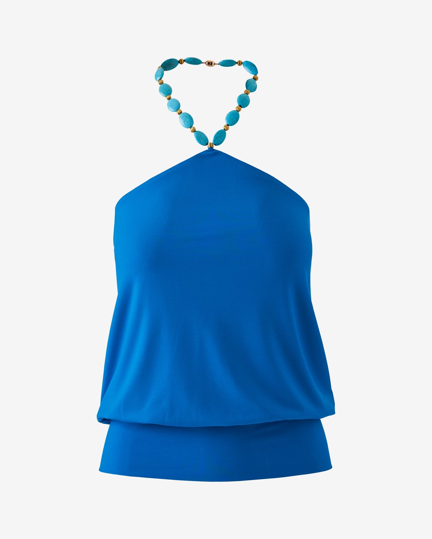 Beaded Halter Blouson Knit Top Aegean Blue
