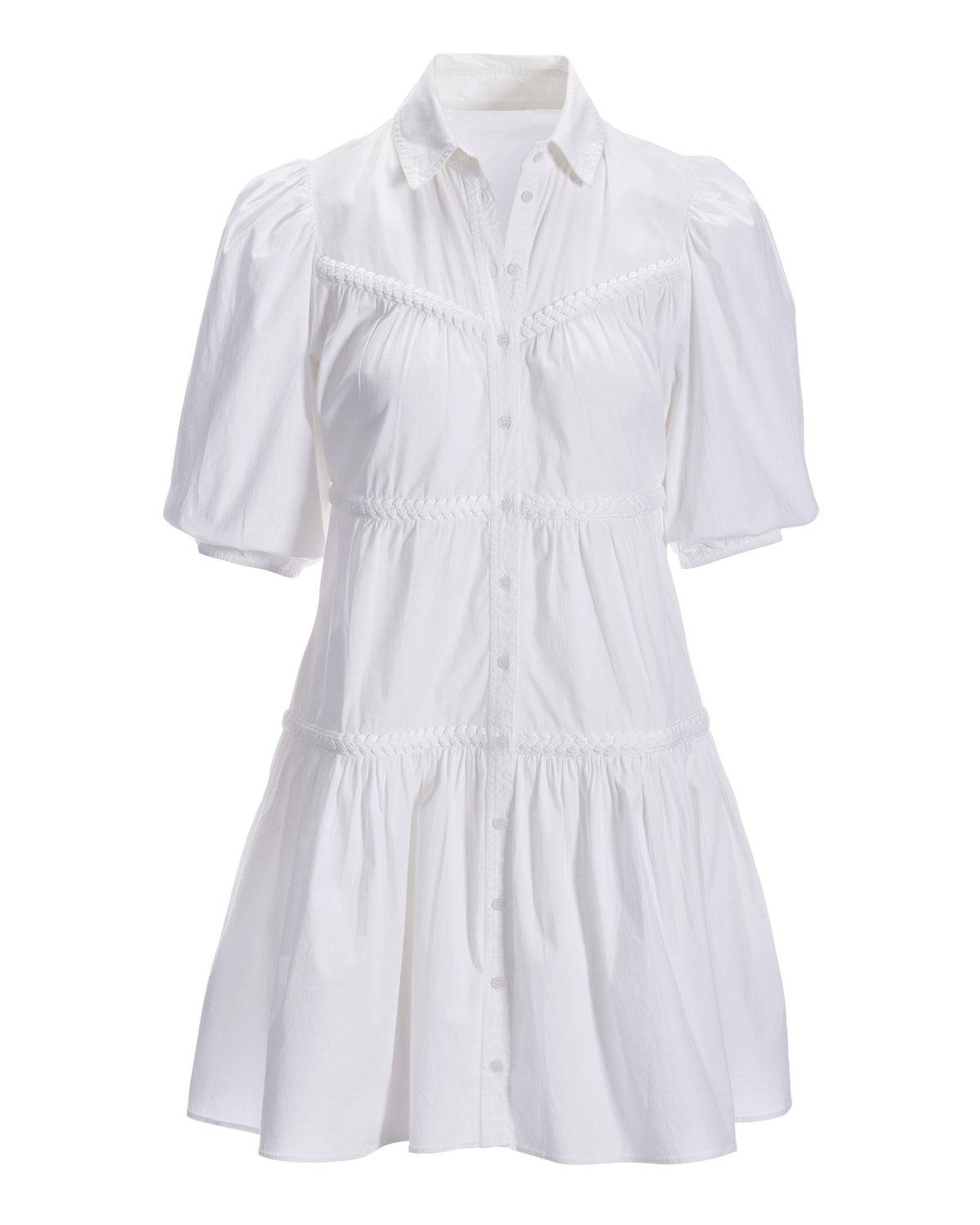 Puff-Sleeve Poplin Tiered Effortless Dress White