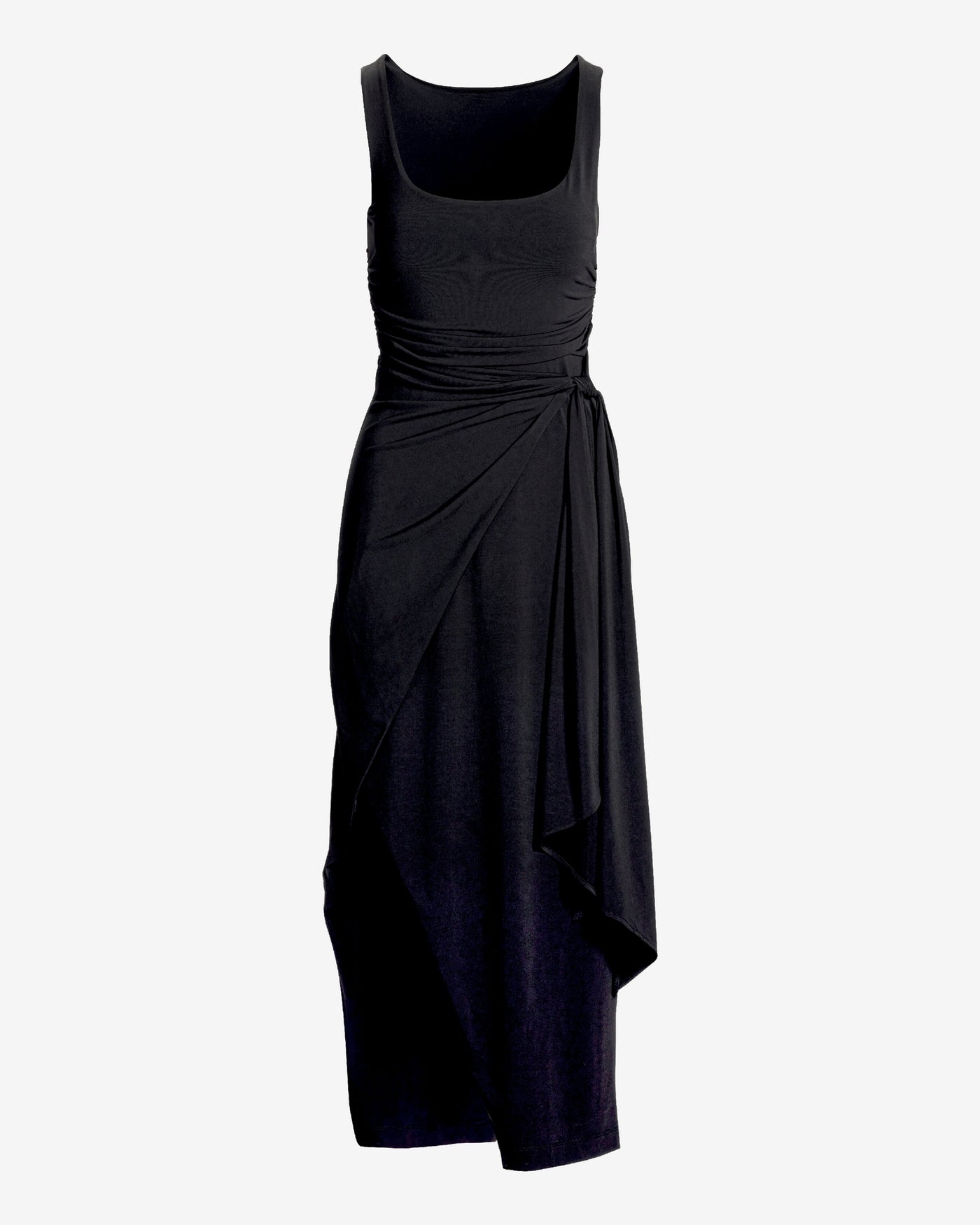 Scoop Neck Side Tie Knit Maxi Dress Black