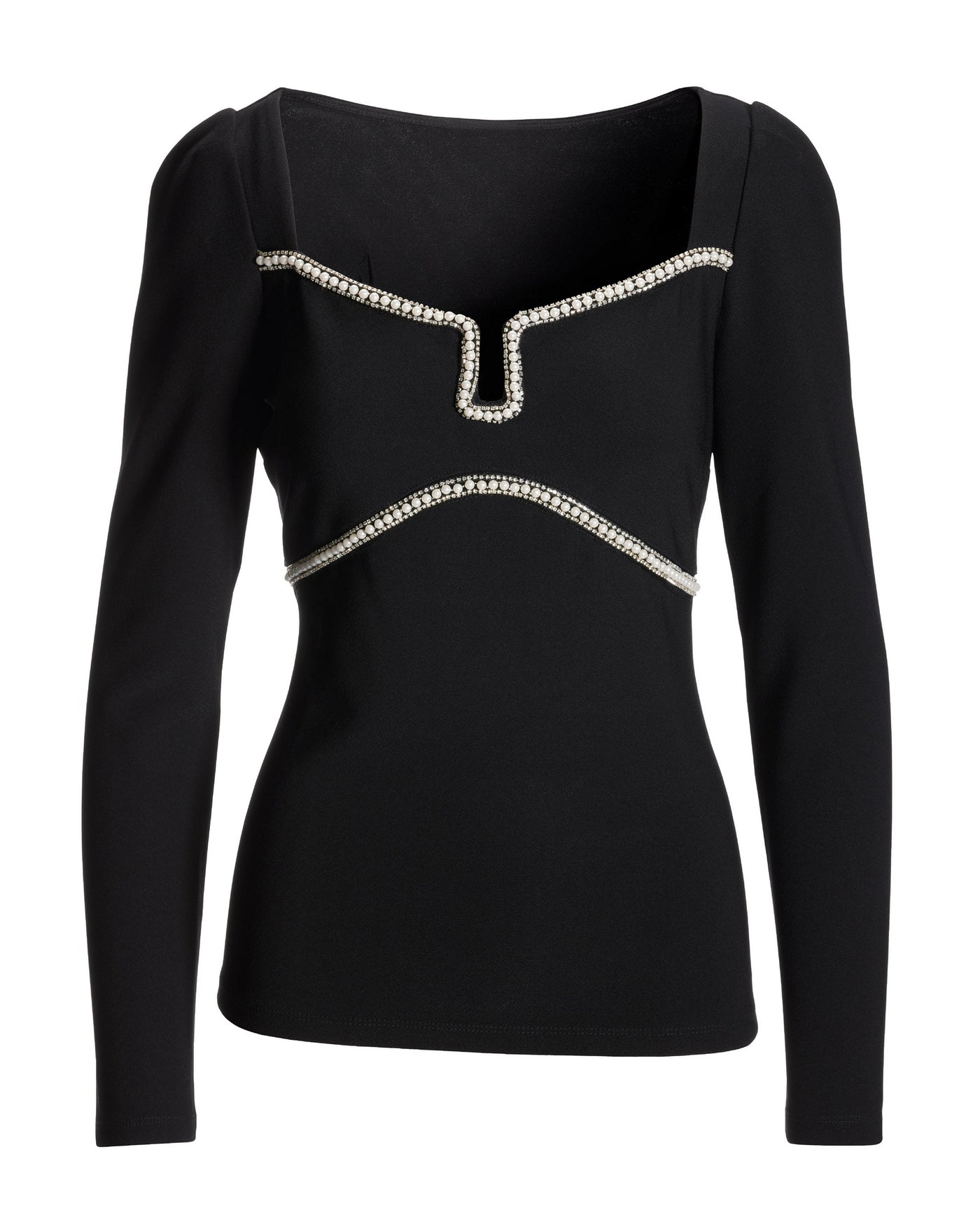 Pearl Trim Sweetheart Notch Knit Top Black
