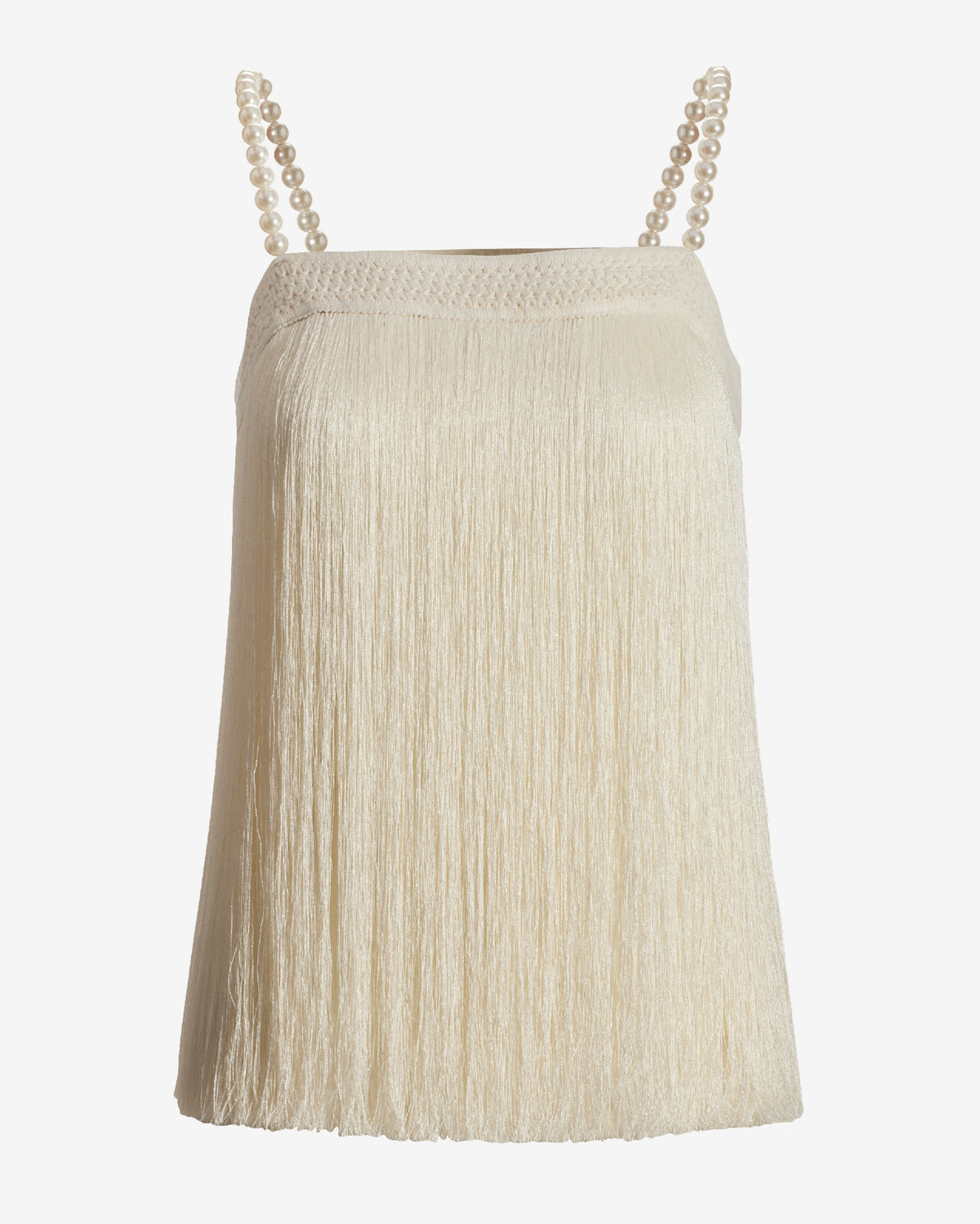Pearl Embellished Fringe Knit Top Off White