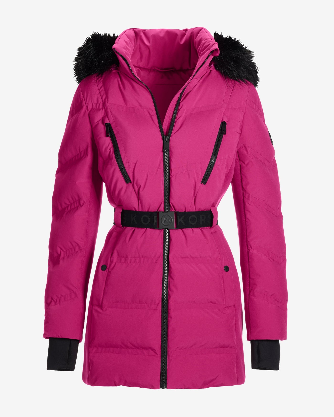Faux Fur Trim Shaped Belted Puffer Jacket Fuchsia