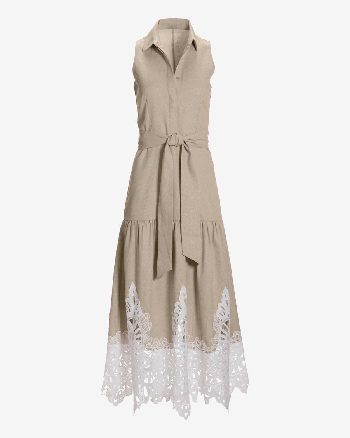 Lace Trim Linen Sleeveless Midi Dress Tan