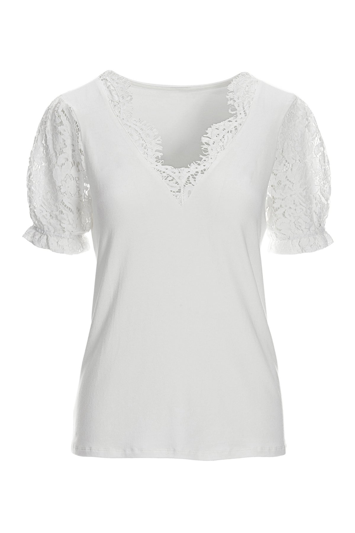 Lace Puff Sleeve V Neck Tee White