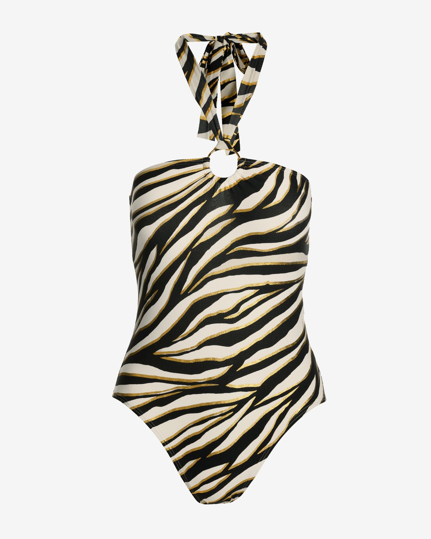Metallic Zebra Ring Halter One Piece White/Black