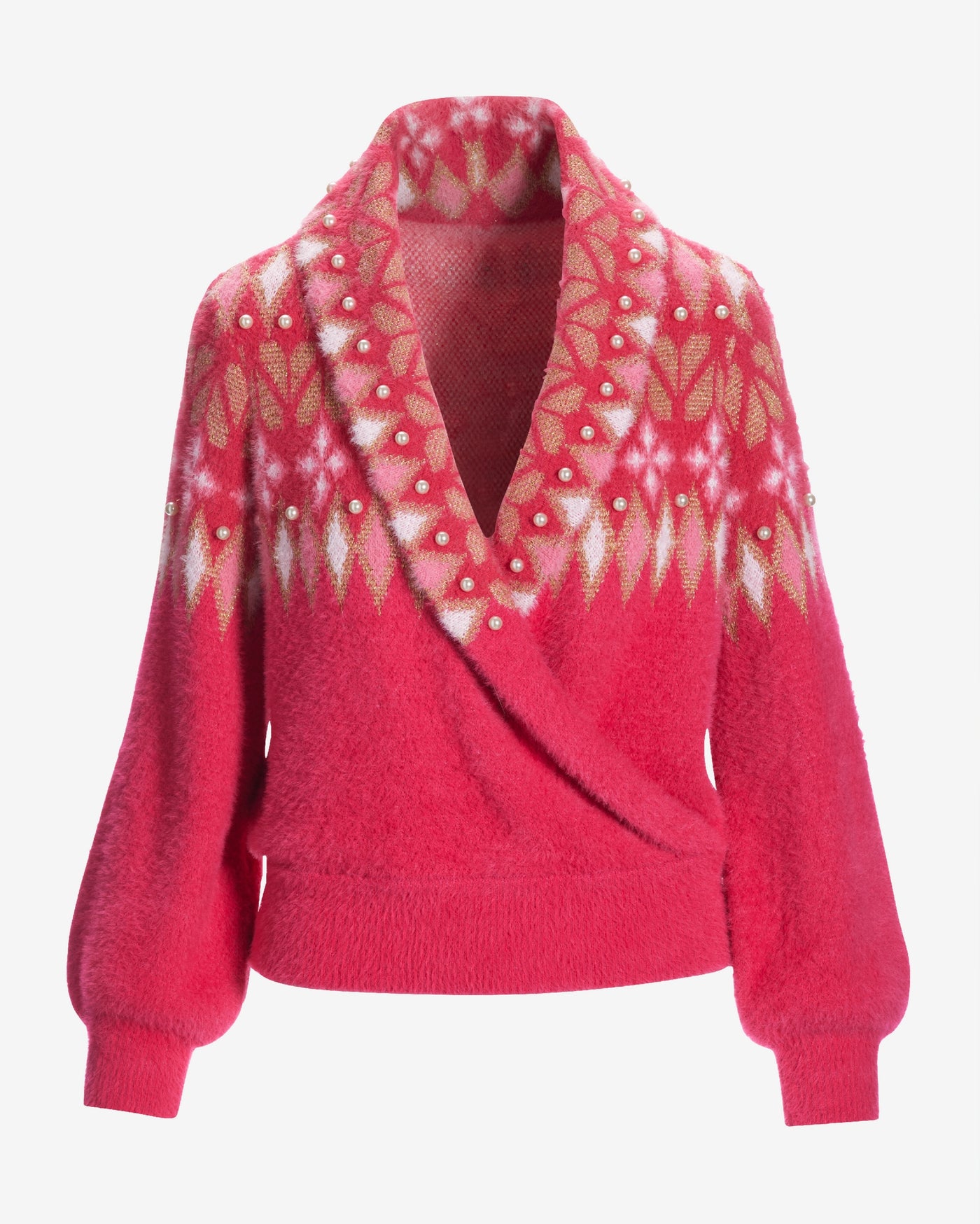 Fair Isle Shawl Collar Sweater Raspberry