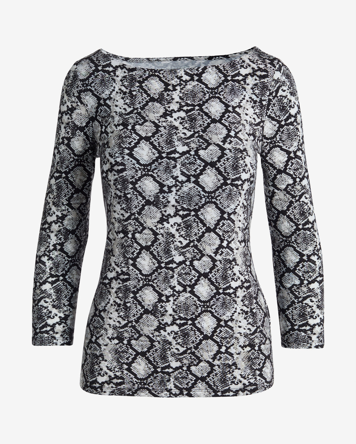 So Effortless Printed Boat Neck 3/4 Sleeve Knit Top Sunset Snake
