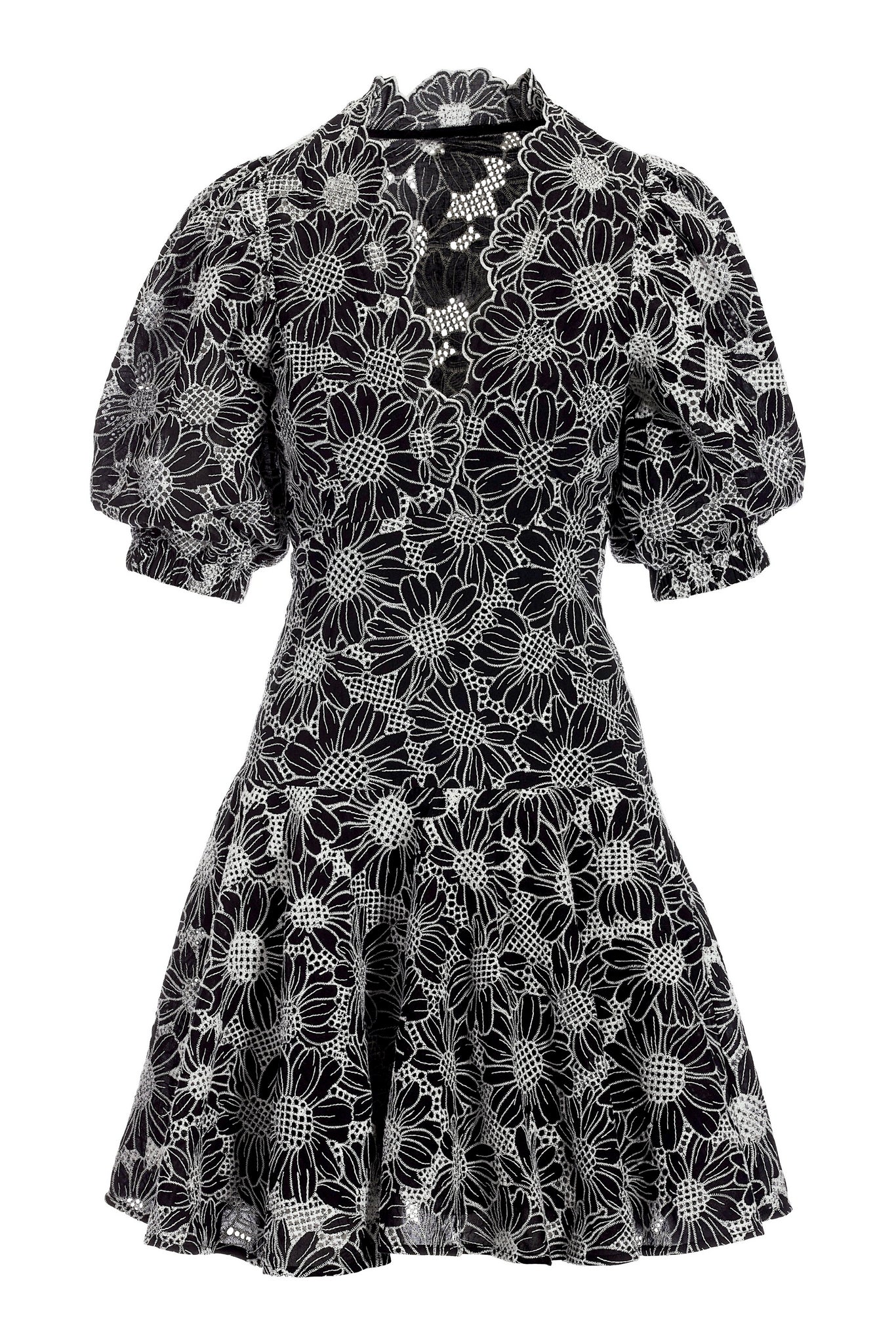 Floral Lace Puff Sleeve Dress White/Black